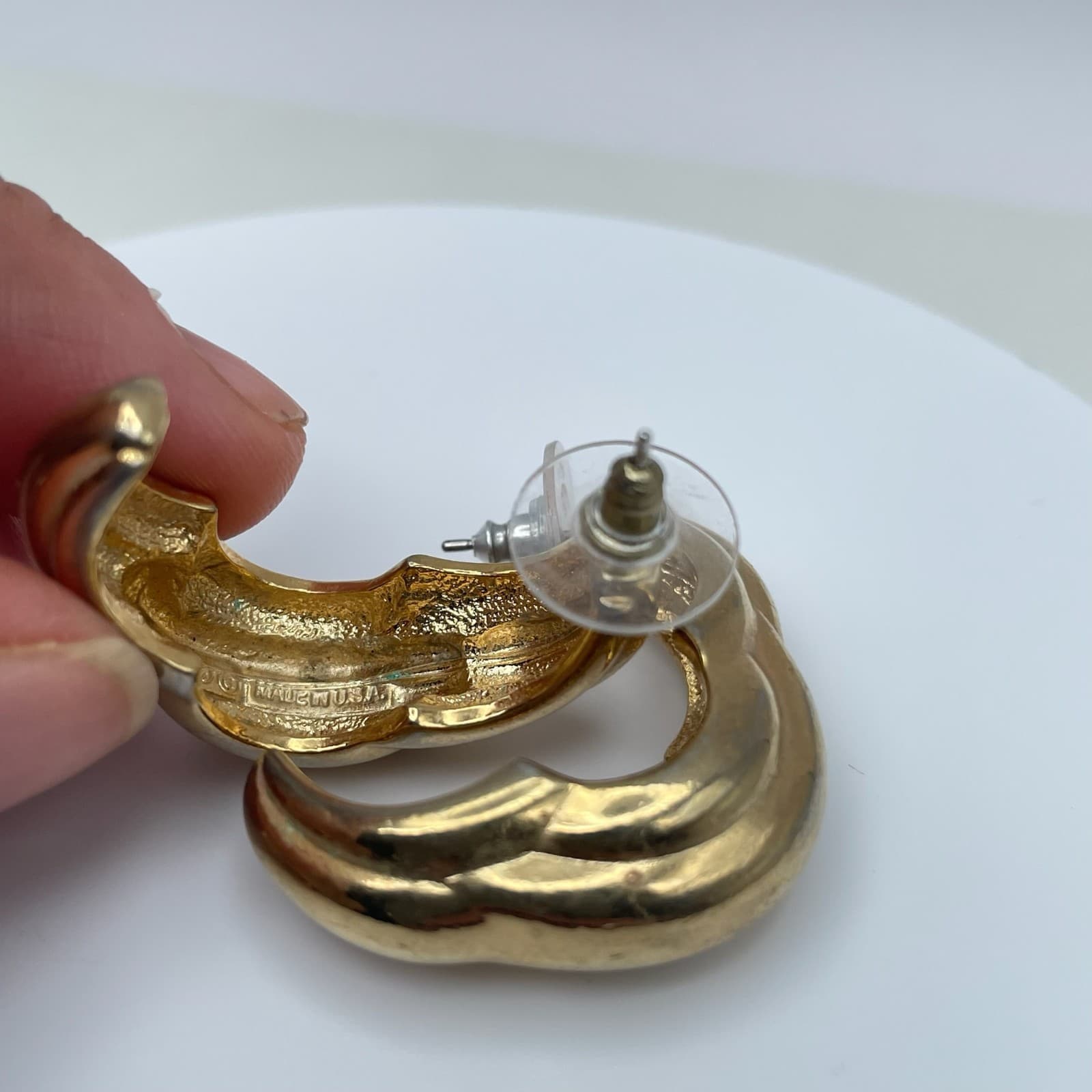 Vintage 80 Chunky Gold Puffy Sculptural Wavy Crescent Moon Hoop Earrings Jewelry - Thumbnail 2