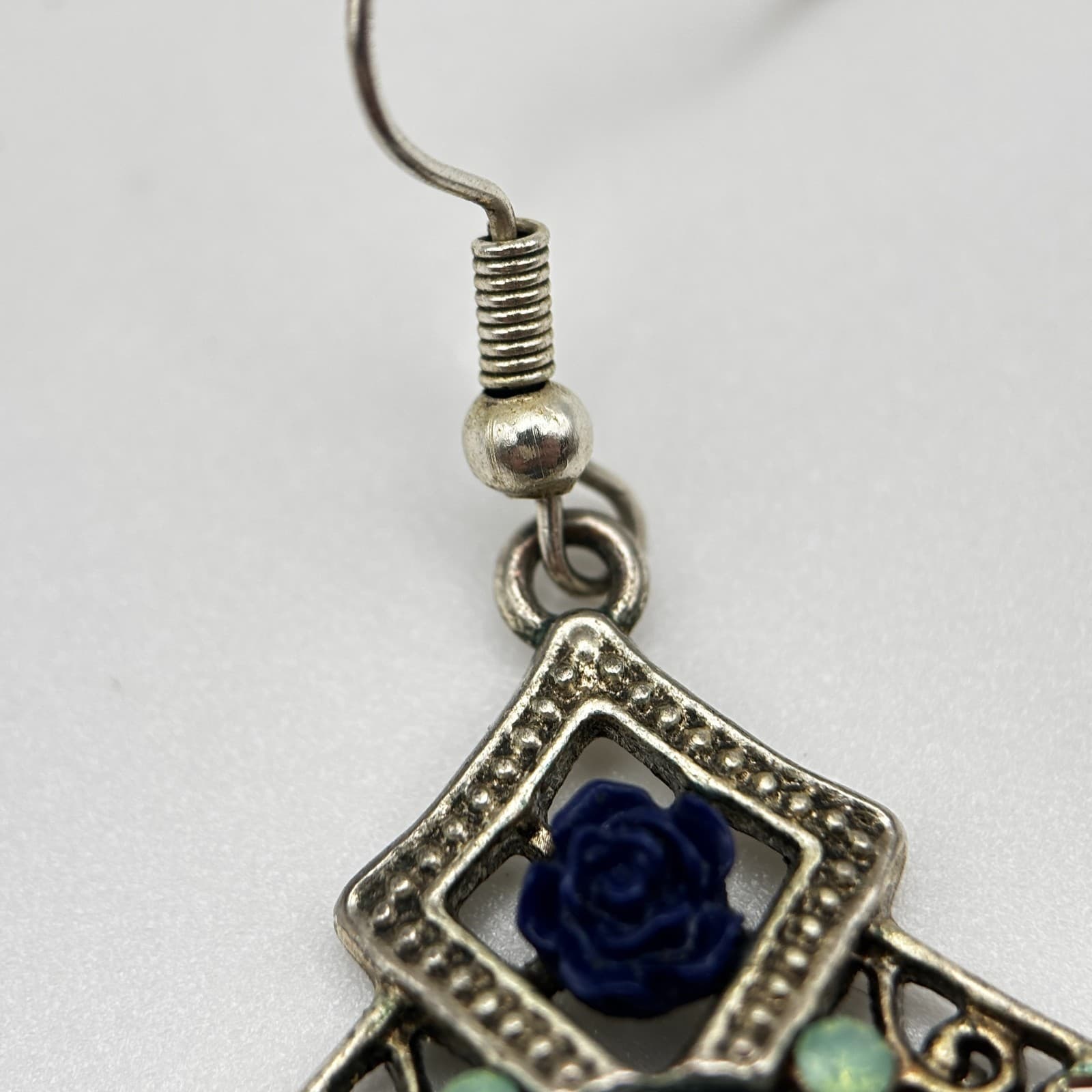 Vintage 90s Silver Tone Rhinestone Dangle Earrings Blue Cabochon Women's Jewelry - Thumbnail 10