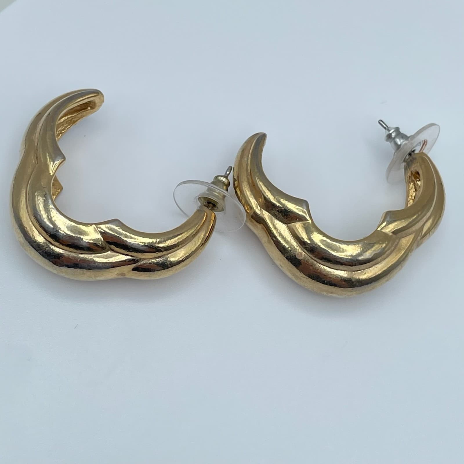 Vintage 80 Chunky Gold Puffy Sculptural Wavy Crescent Moon Hoop Earrings Jewelry - Thumbnail 8