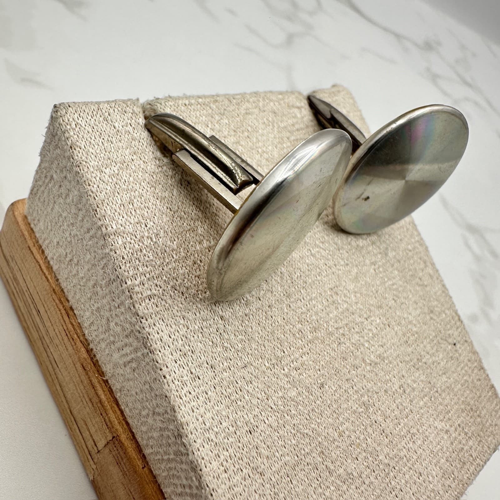 Vintage Pat Pend Rainbow Diffraction Silver Tone Round Reflective Cufflinks 50s - Thumbnail 3