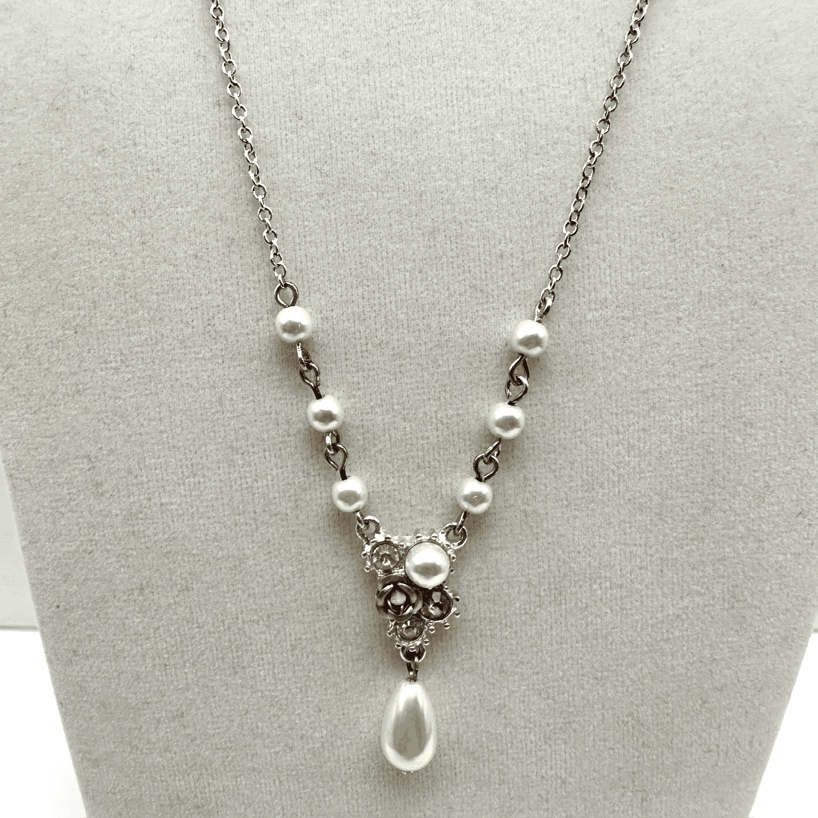 Vintage Y2K Pearl Pink Rhinestone Pendant Necklace Silver Tone Chain Teardrop - Image 1
