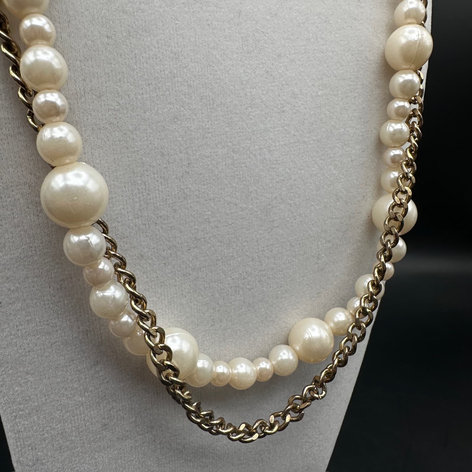 Vintage 90s Chunky Strands Gold Tone Faux Pearl Statement Necklace Jewelry - Thumbnail 3