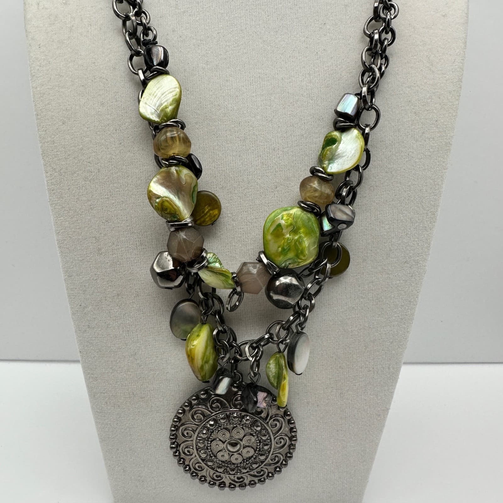 Vintage 90s Boho Statement Necklace Shell Abalone Large Medallion Womens jewelry - Image 1