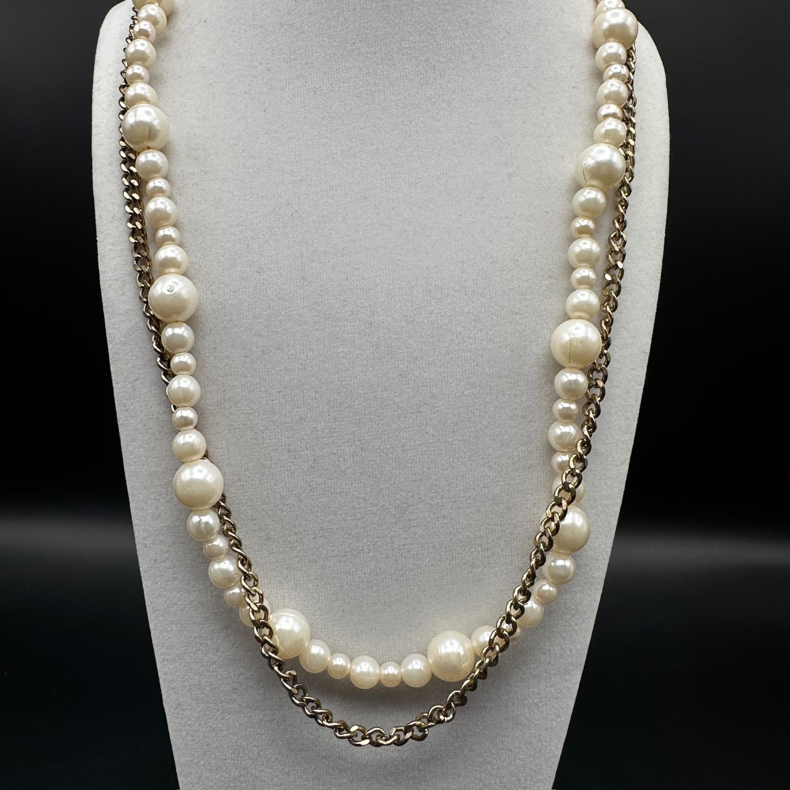 Vintage 90s Chunky Strands Gold Tone Faux Pearl Statement Necklace Jewelry - Thumbnail 2
