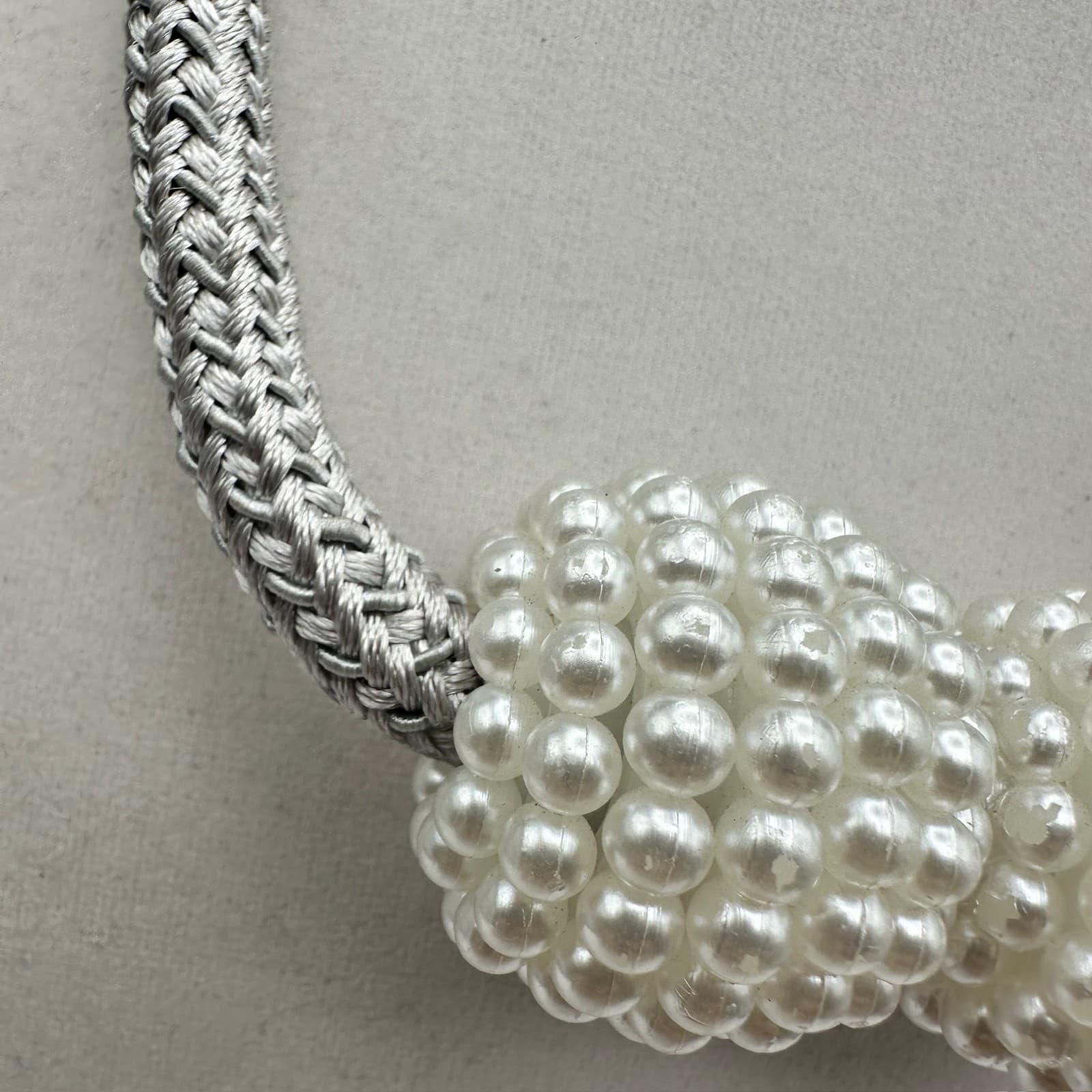 Vintage 80s Chunky Silver Braided Rope Ball Beads Necklace Faux Pearl Cluster - Thumbnail 5
