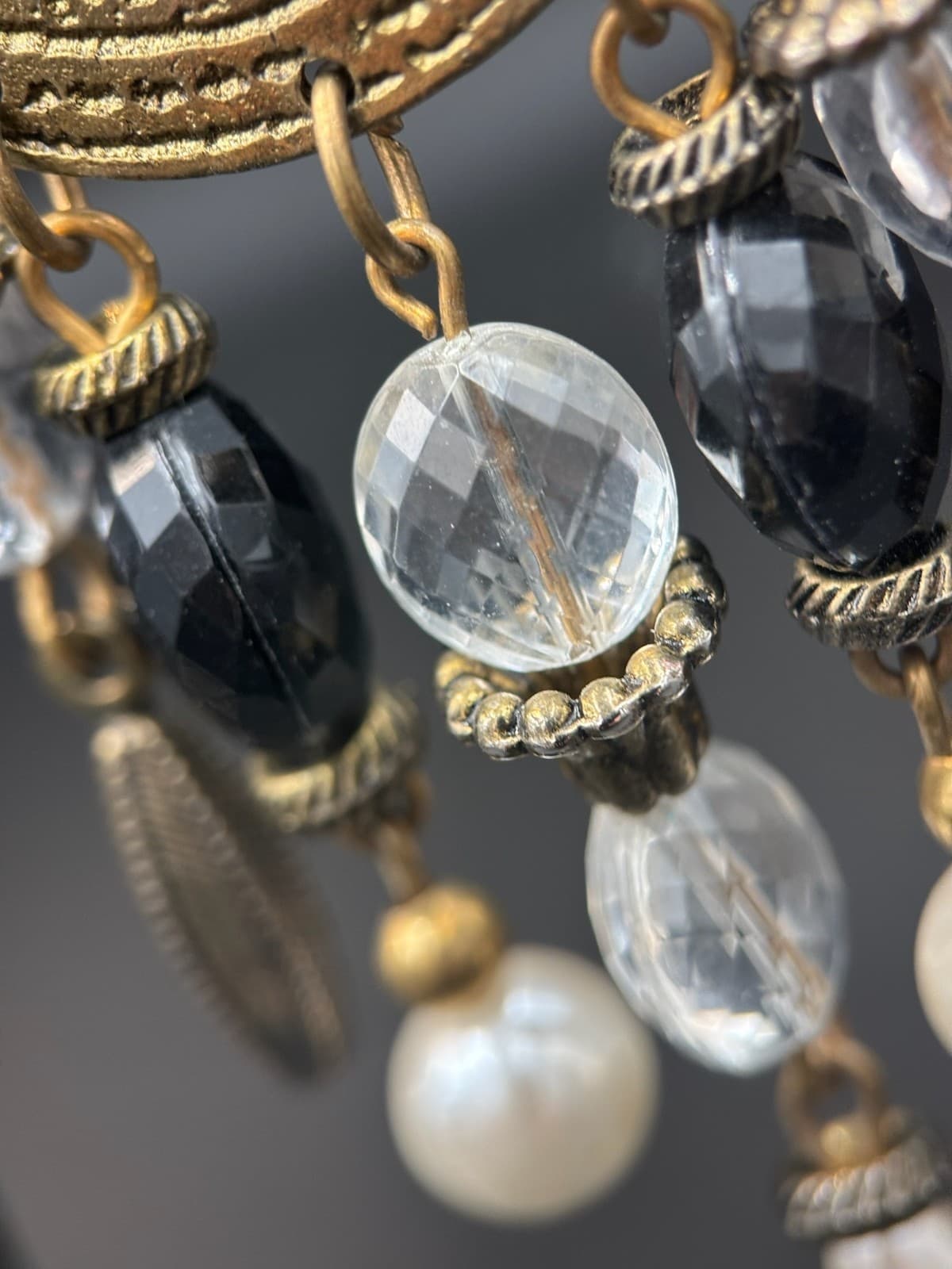 Vintage Black Acrylic Clear Pearl Beads Gold-Tone Dangle Clip-On Earrings - Thumbnail 4