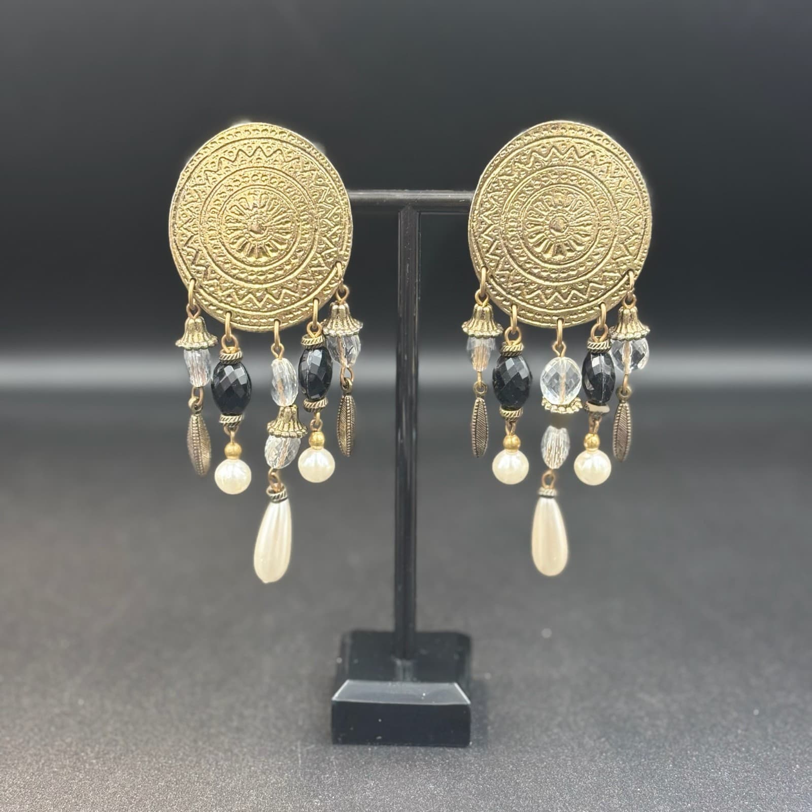 Vintage Black Acrylic Clear Pearl Beads Gold-Tone Dangle Clip-On Earrings - Image 1