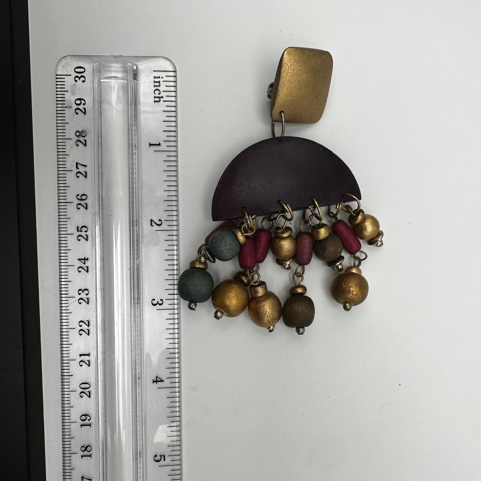 Vintage 80s Bohemian wood dangle drop earrings gold tone beads statement Jewelry - Thumbnail 7