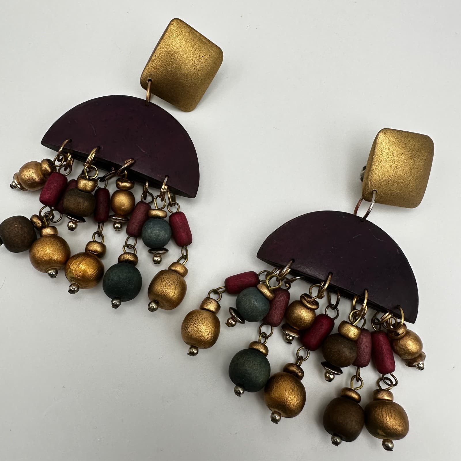 Vintage 80s Bohemian wood dangle drop earrings gold tone beads statement Jewelry - Thumbnail 3