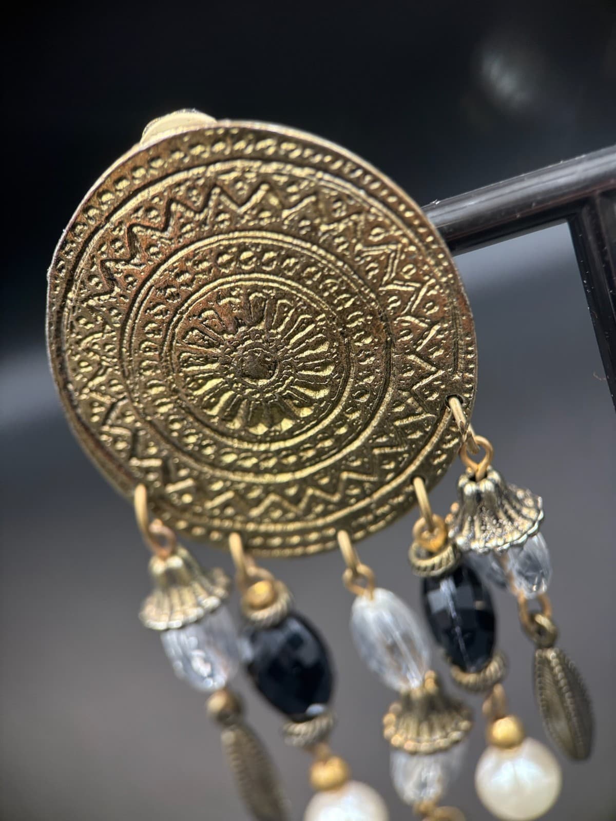 Vintage Black Acrylic Clear Pearl Beads Gold-Tone Dangle Clip-On Earrings - Thumbnail 2