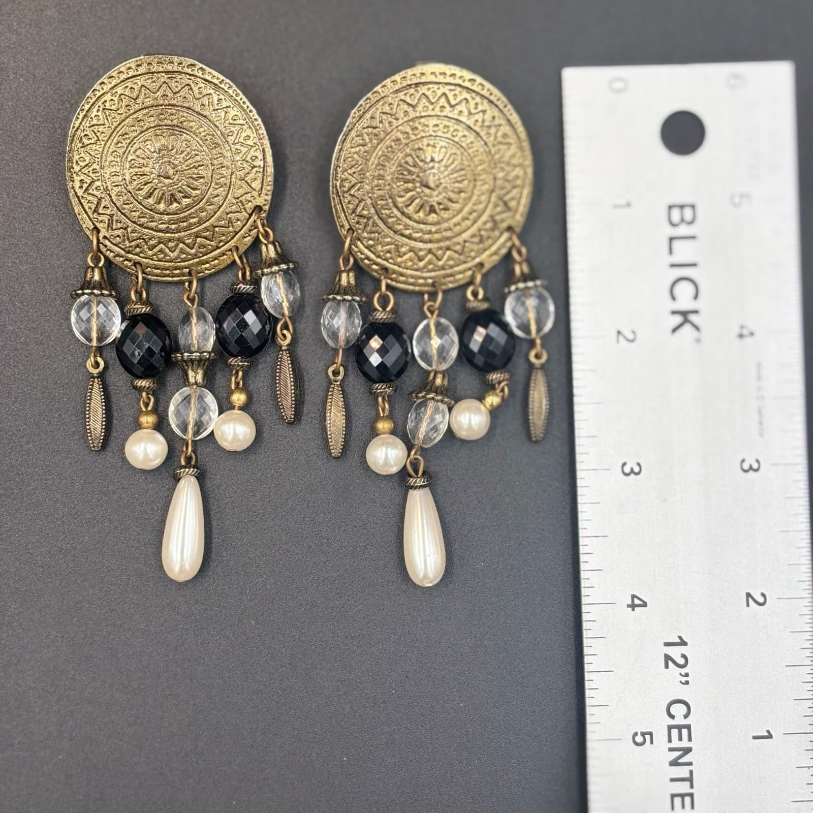 Vintage Black Acrylic Clear Pearl Beads Gold-Tone Dangle Clip-On Earrings - Thumbnail 7
