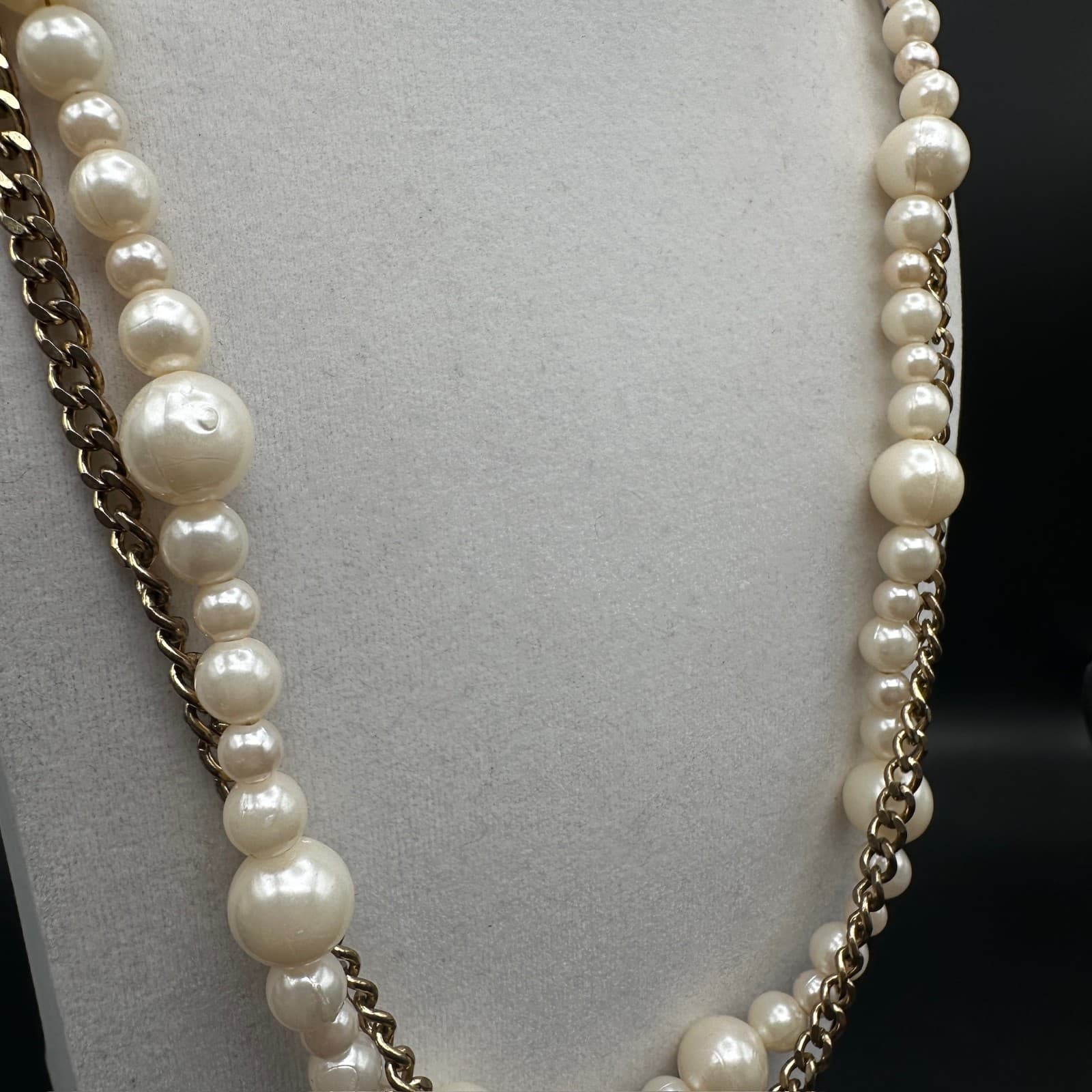 Vintage 90s Chunky Strands Gold Tone Faux Pearl Statement Necklace Jewelry - Thumbnail 4