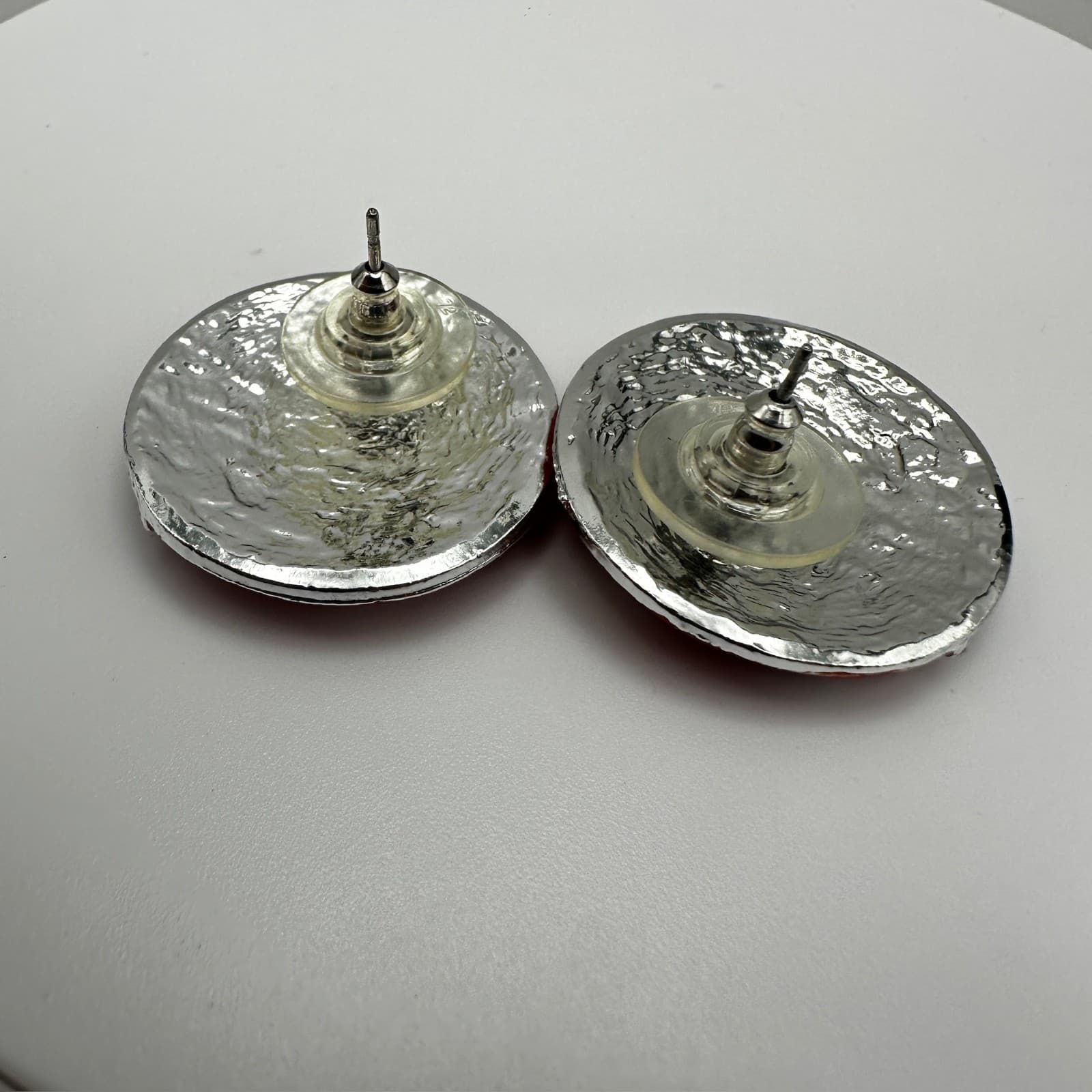 Vintage 90s Red Enamel Geometric Round Silver-Tone Metal Clip-On Earring Jewelry - Thumbnail 7