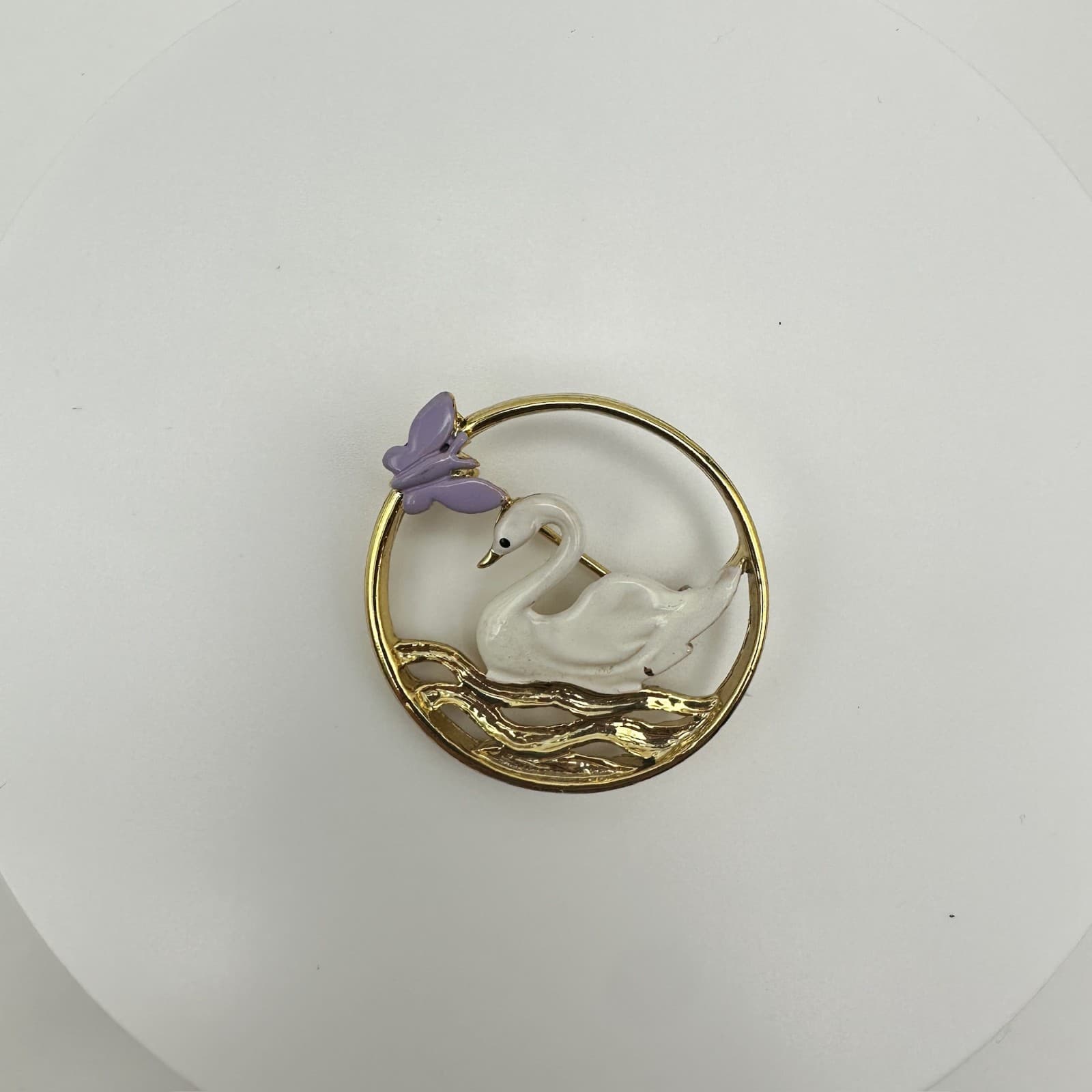 Vintage 80s White Swan Purple Butterfly Enamel Brooch Pin Women's Jewelry - Thumbnail 2