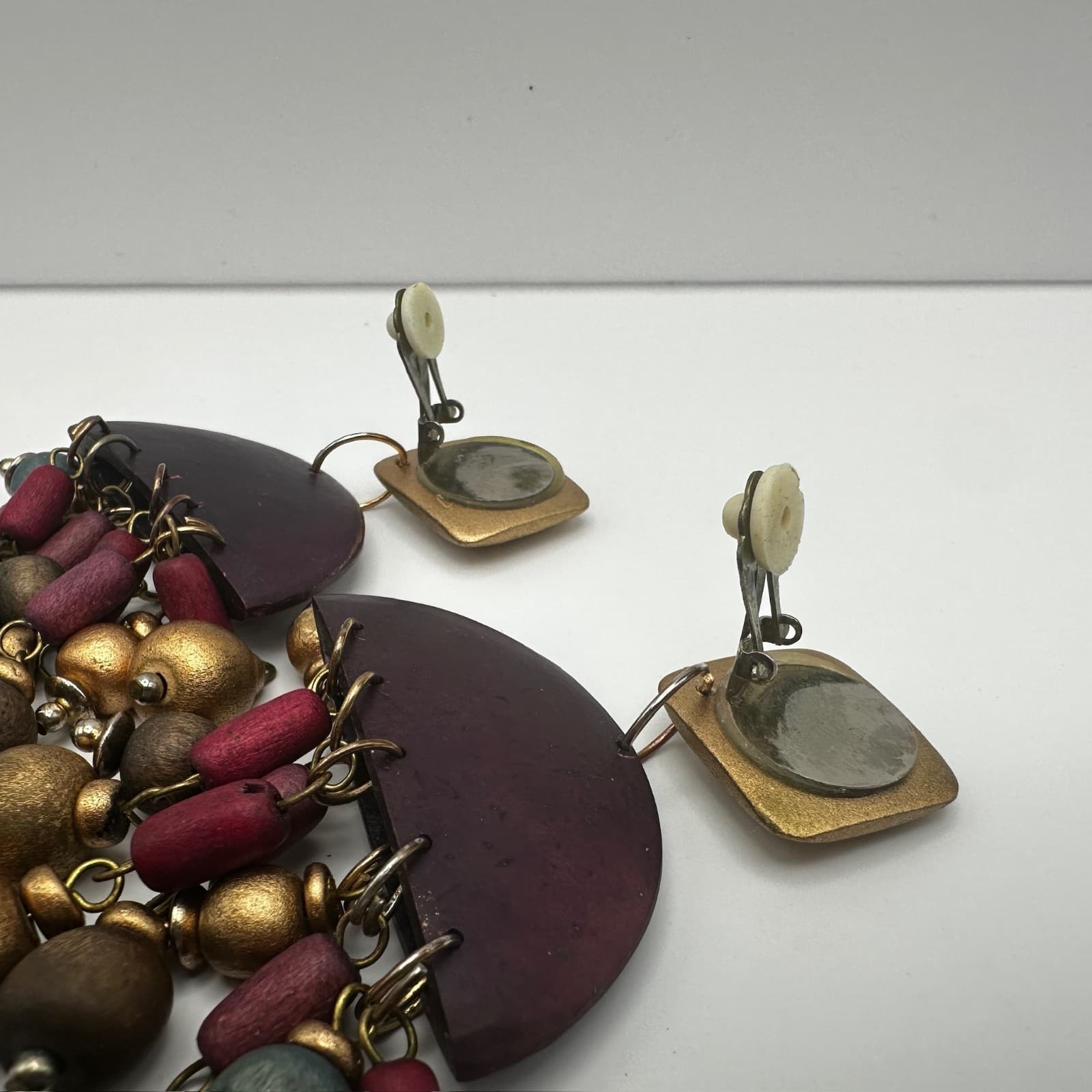 Vintage 80s Bohemian wood dangle drop earrings gold tone beads statement Jewelry - Thumbnail 6