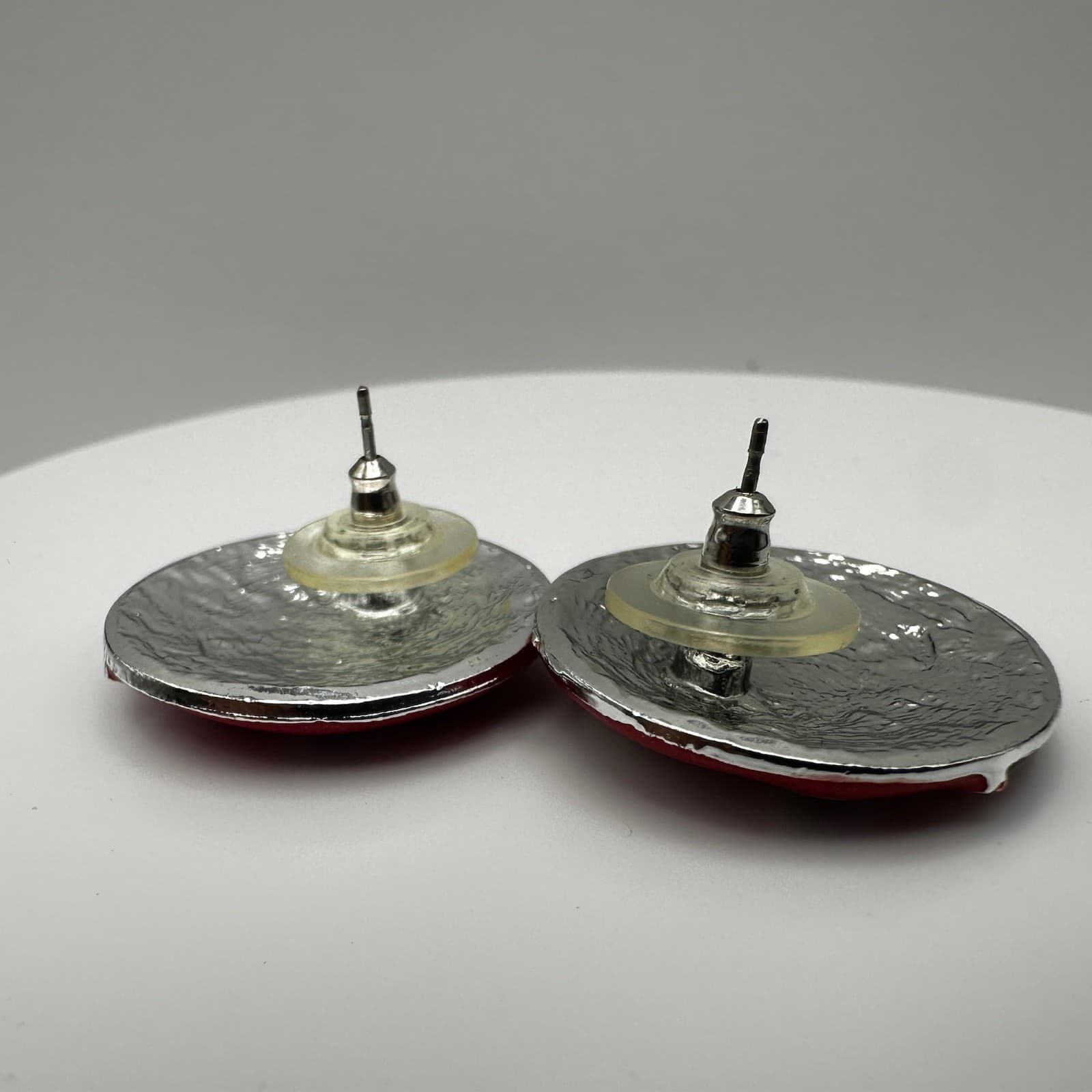 Vintage 90s Red Enamel Geometric Round Silver-Tone Metal Clip-On Earring Jewelry - Thumbnail 8