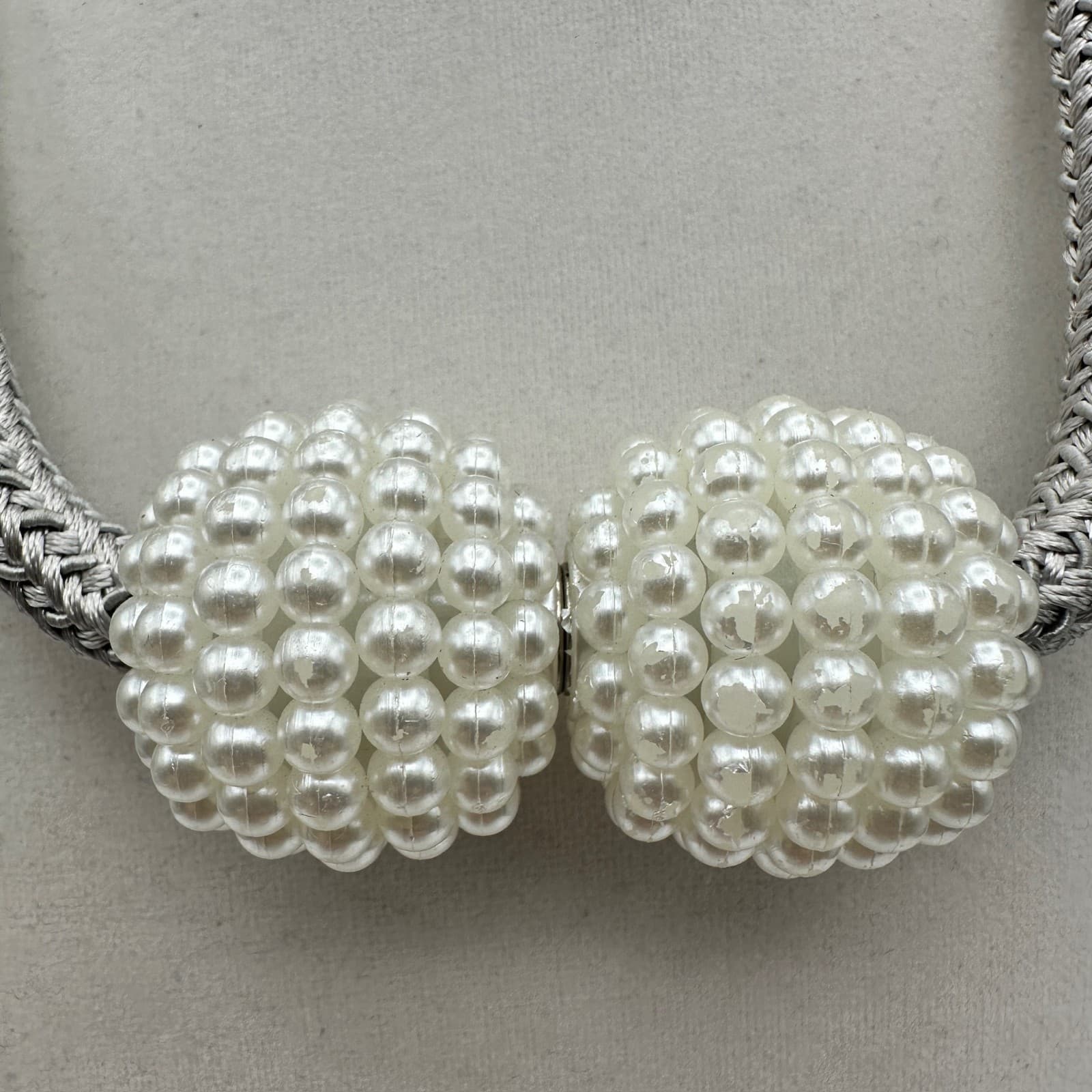 Vintage 80s Chunky Silver Braided Rope Ball Beads Necklace Faux Pearl Cluster - Thumbnail 4