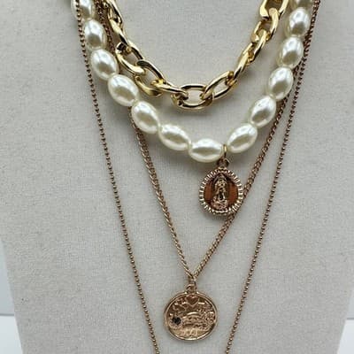 Vintage Y2K Multi Layered Necklace Collar Virgin Mary Coin Crystal Pendant - Thumbnail 2