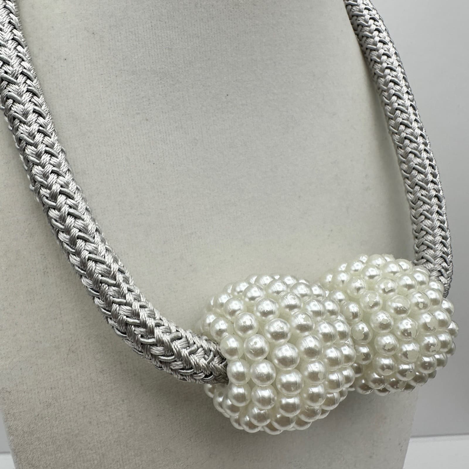 Vintage 80s Chunky Silver Braided Rope Ball Beads Necklace Faux Pearl Cluster - Thumbnail 2