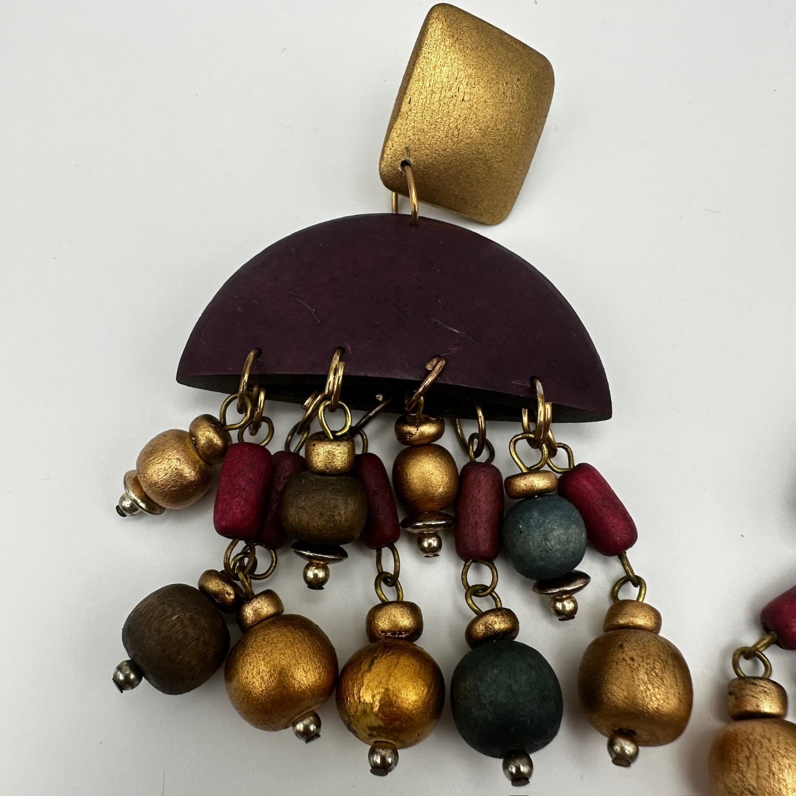 Vintage 80s Bohemian wood dangle drop earrings gold tone beads statement Jewelry - Thumbnail 2