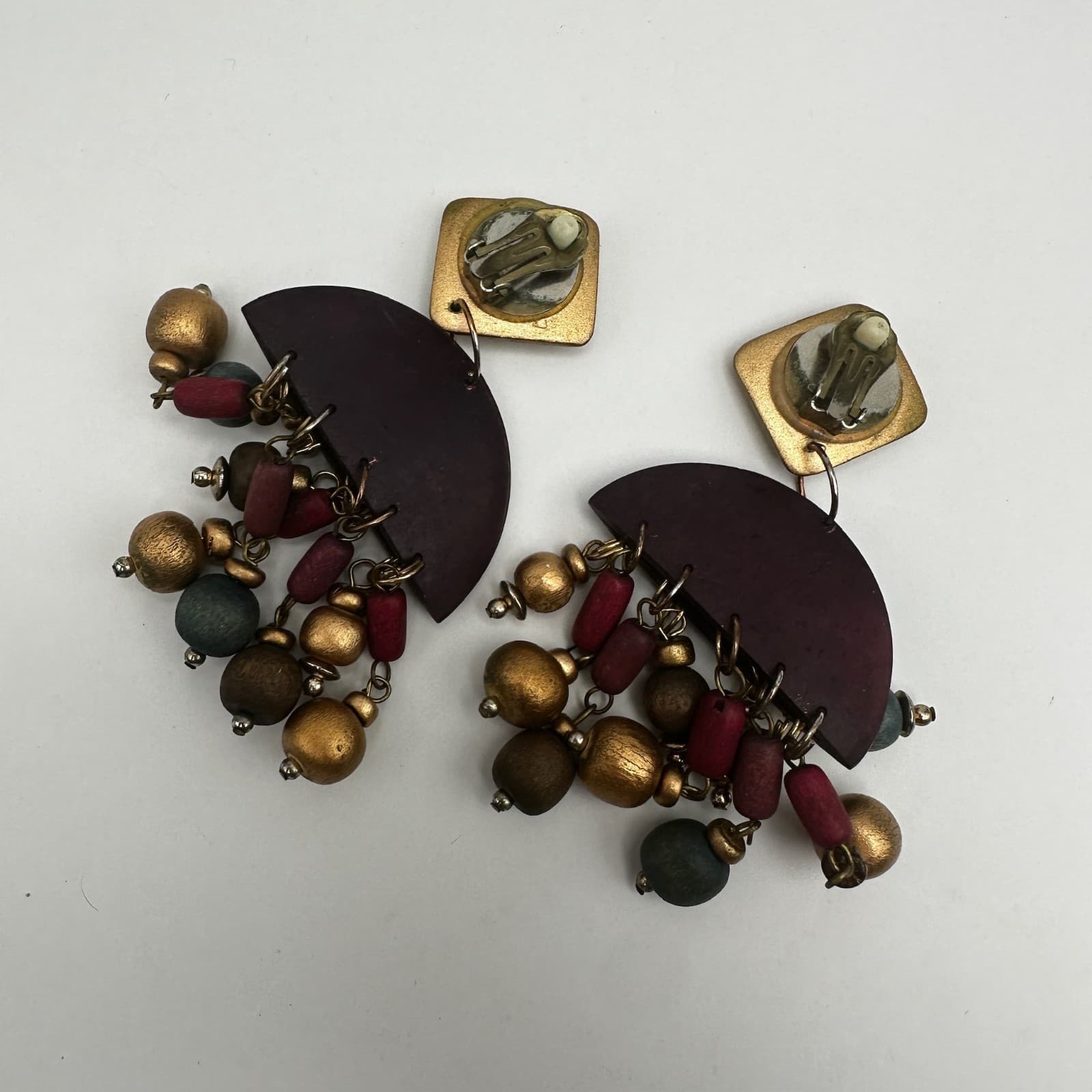 Vintage 80s Bohemian wood dangle drop earrings gold tone beads statement Jewelry - Thumbnail 5