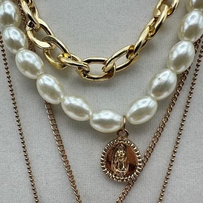 Vintage Y2K Multi Layered Necklace Collar Virgin Mary Coin Crystal Pendant - Thumbnail 3