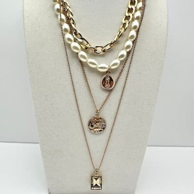 Vintage Y2K Multi Layered Necklace Collar Virgin Mary Coin Crystal Pendant - Image 1