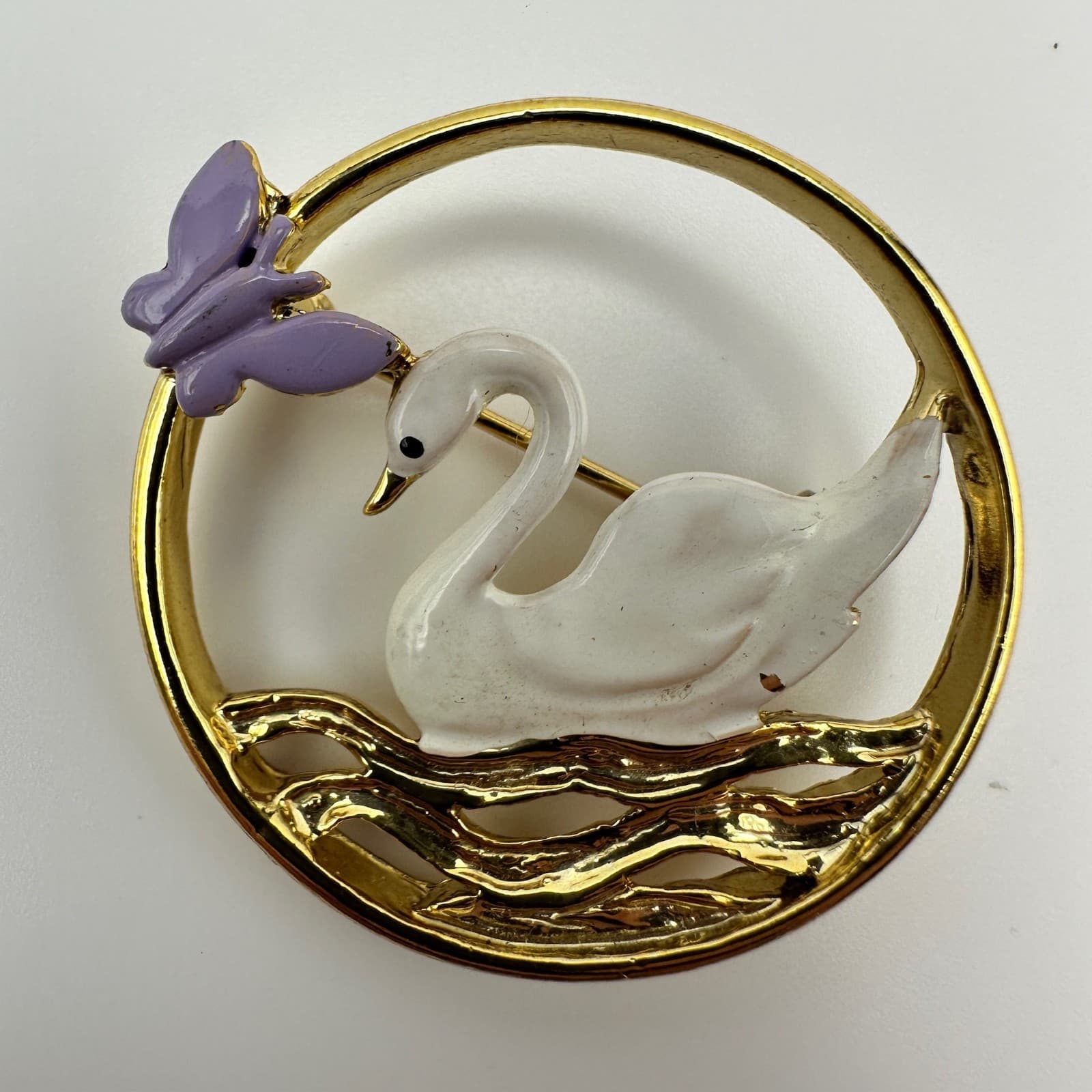 Vintage 80s White Swan Purple Butterfly Enamel Brooch Pin Women's Jewelry - Thumbnail 7