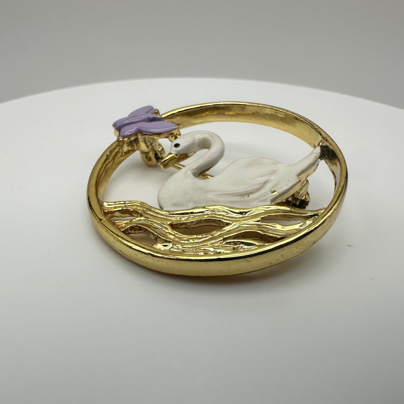 Vintage 80s White Swan Purple Butterfly Enamel Brooch Pin Women's Jewelry - Thumbnail 3