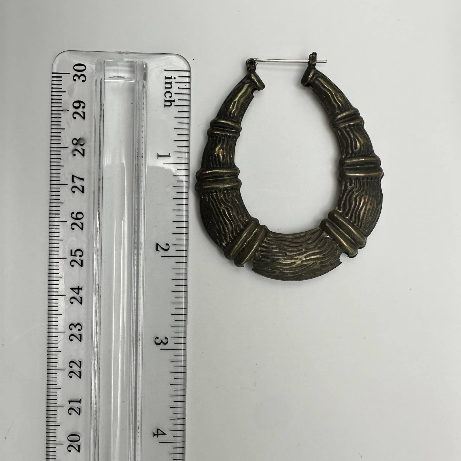 Vintage 80s Gold Tone Bamboo Style Textured Hoop Earrings Women's Jewelry - Thumbnail 5