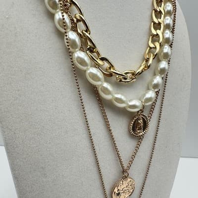 Vintage Y2K Multi Layered Necklace Collar Virgin Mary Coin Crystal Pendant - Thumbnail 7