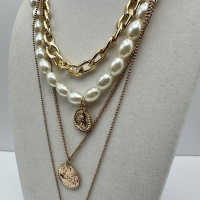 Vintage Y2K Multi Layered Necklace Collar Virgin Mary Coin Crystal Pendant - Thumbnail 8