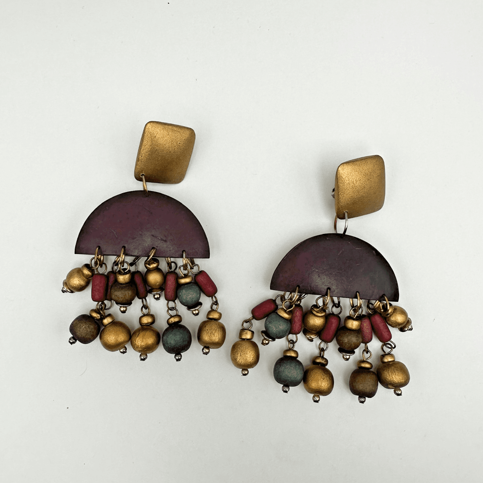 Vintage 80s Bohemian wood dangle drop earrings gold tone beads statement Jewelry - Image 1