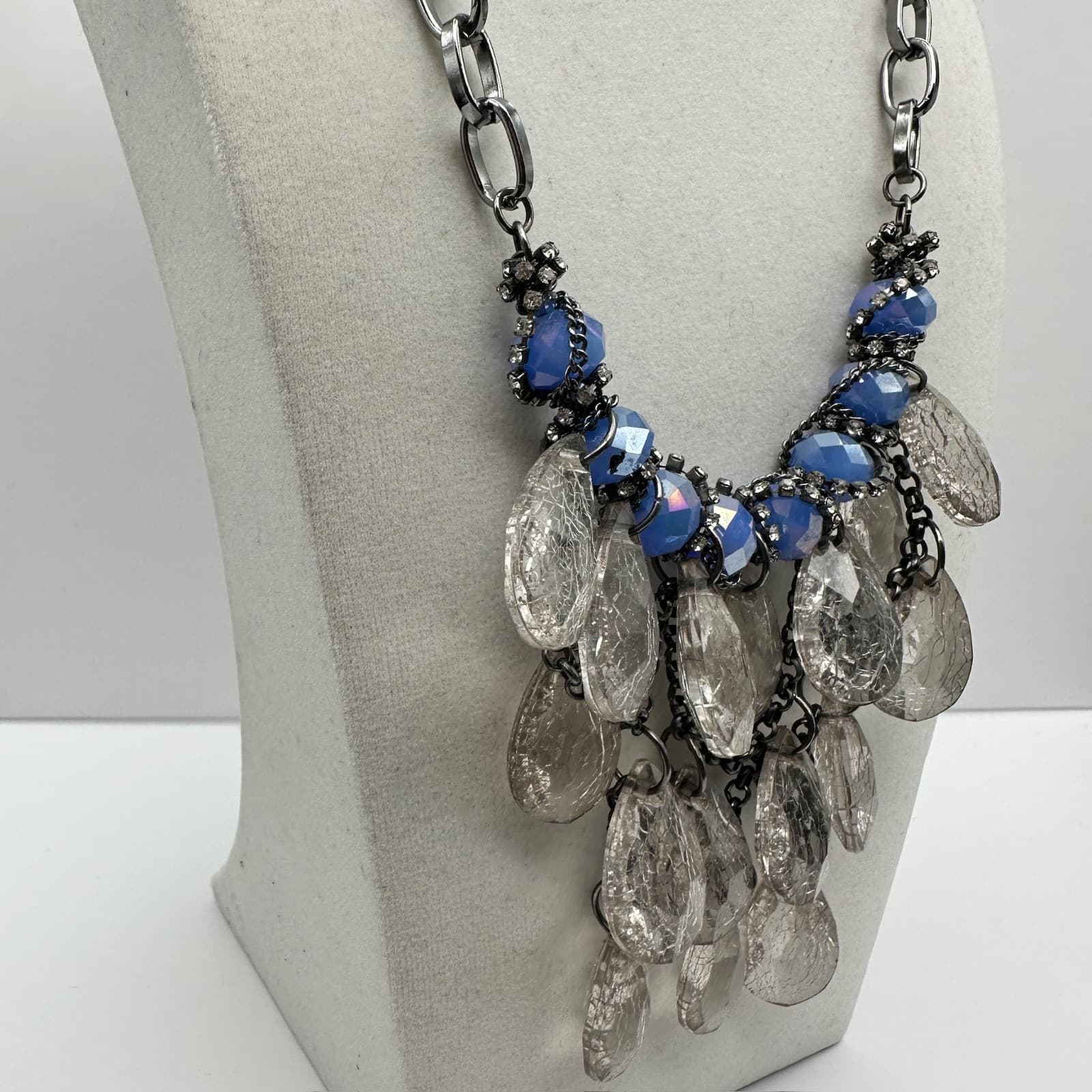 Vintage 90s Blue Iridescent Bead Statement Necklace Clear Acrylic Dangle Jewelry - Thumbnail 2