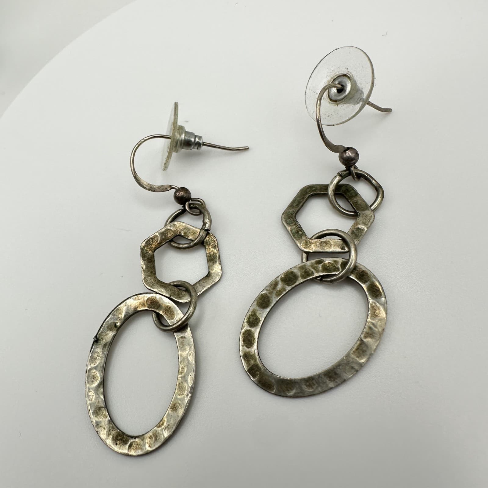 Vintage Y2K Geometric Dangle Earrings Silver Tone Hammered Link Women's Jewelry - Thumbnail 7