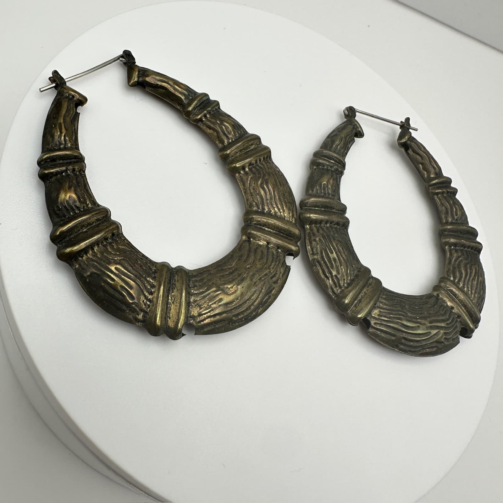 Vintage 80s Gold Tone Bamboo Style Textured Hoop Earrings Women's Jewelry - Thumbnail 3