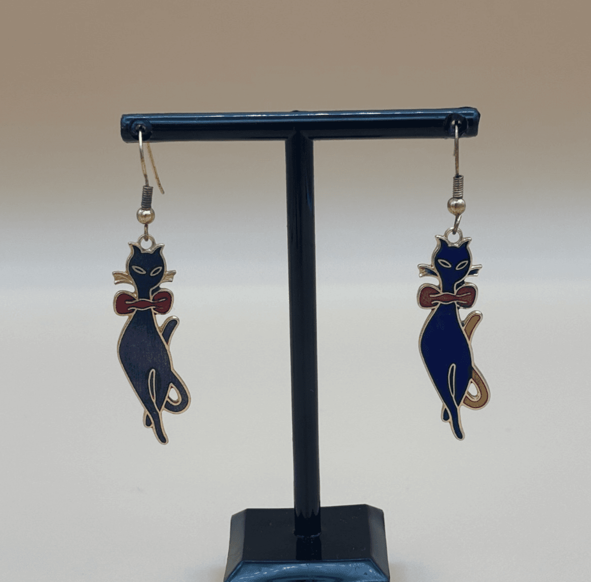 Vintage Cute Navy Blue Cat Dangle Gold-Tone Collectible Enamel Earrings - Image 1