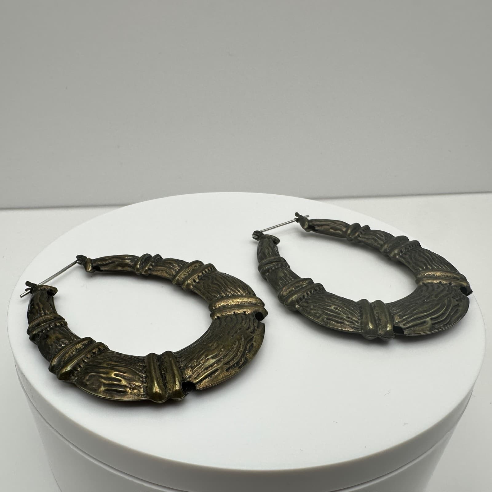 Vintage 80s Gold Tone Bamboo Style Textured Hoop Earrings Women's Jewelry - Thumbnail 4