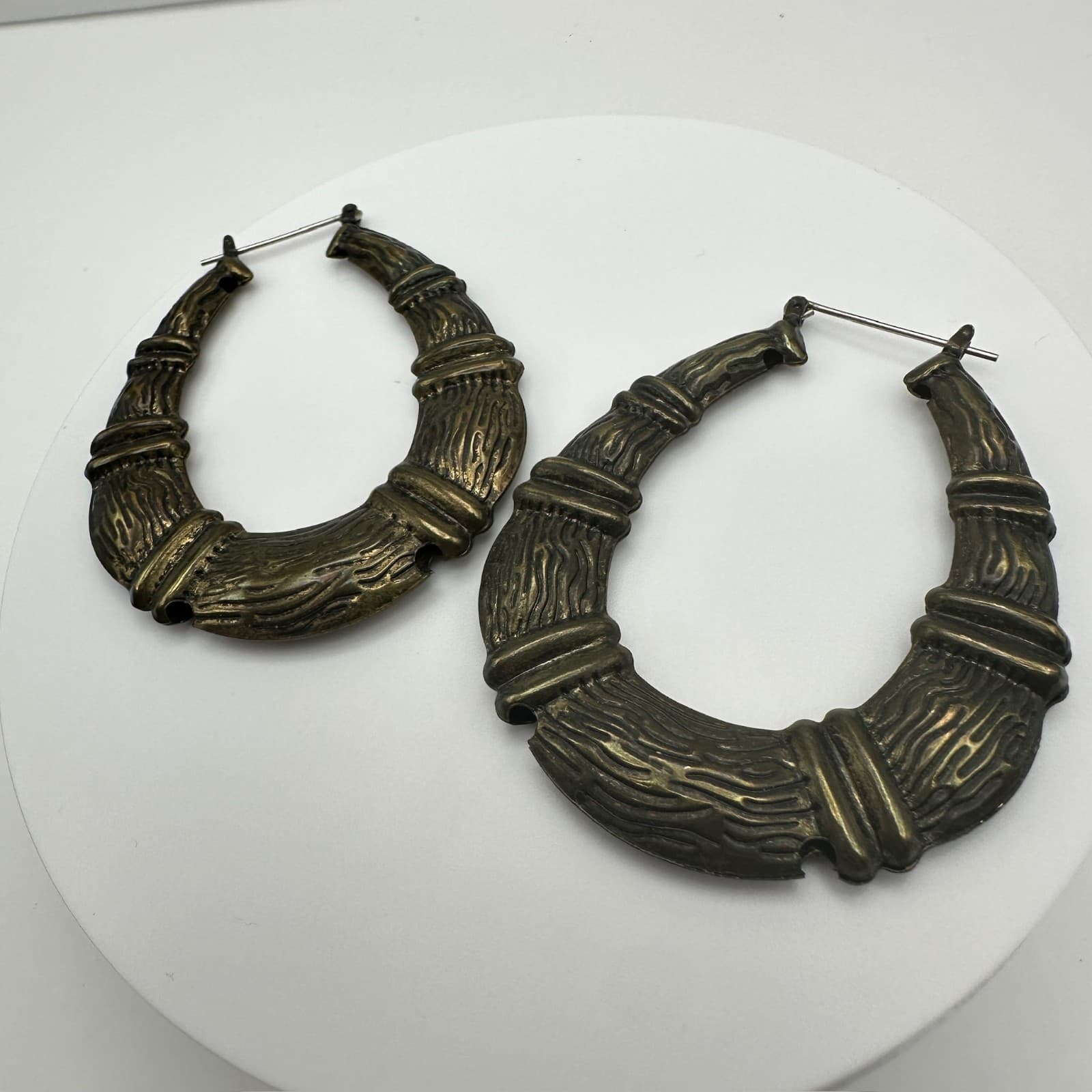 Vintage 80s Gold Tone Bamboo Style Textured Hoop Earrings Women's Jewelry - Thumbnail 2