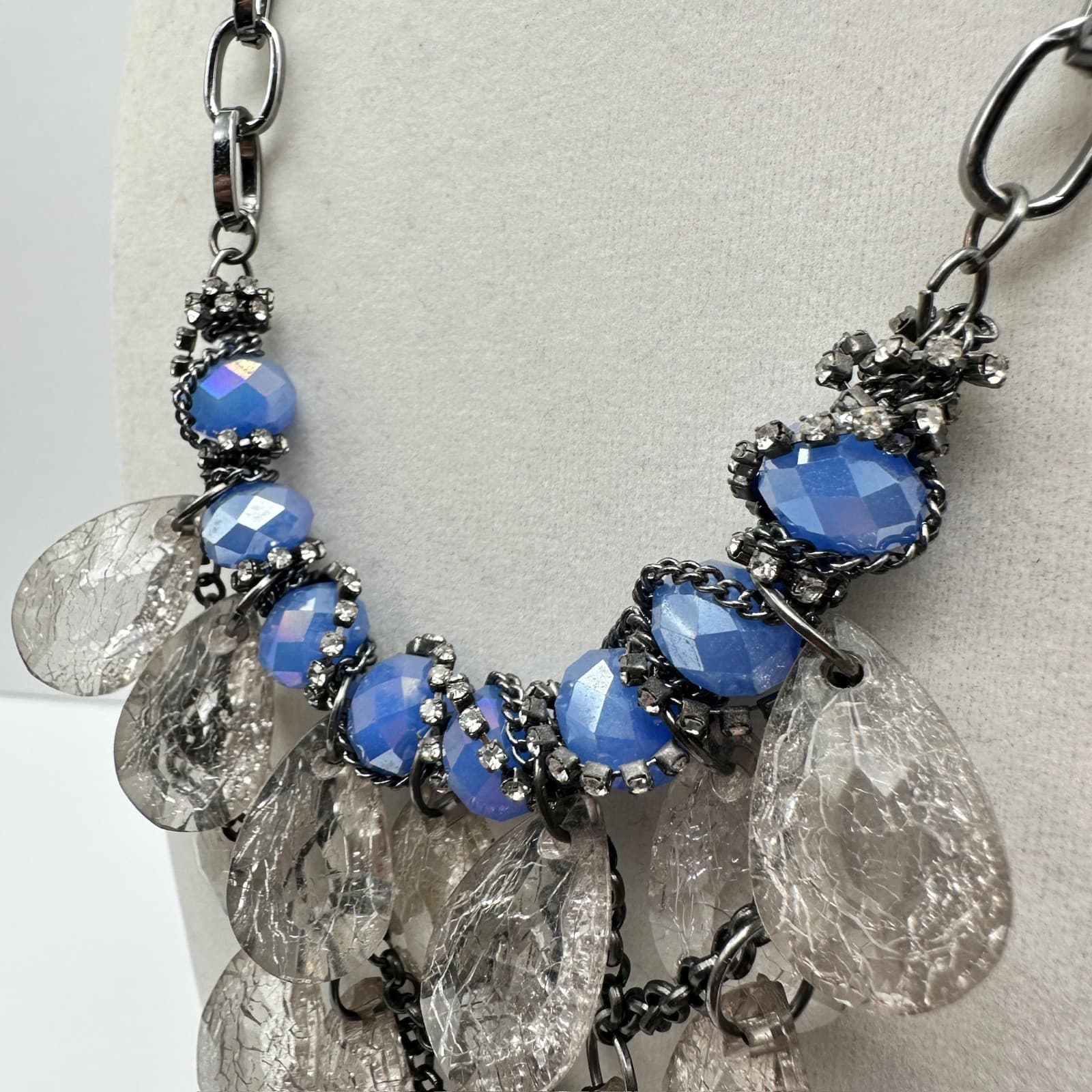 Vintage 90s Blue Iridescent Bead Statement Necklace Clear Acrylic Dangle Jewelry - Thumbnail 5