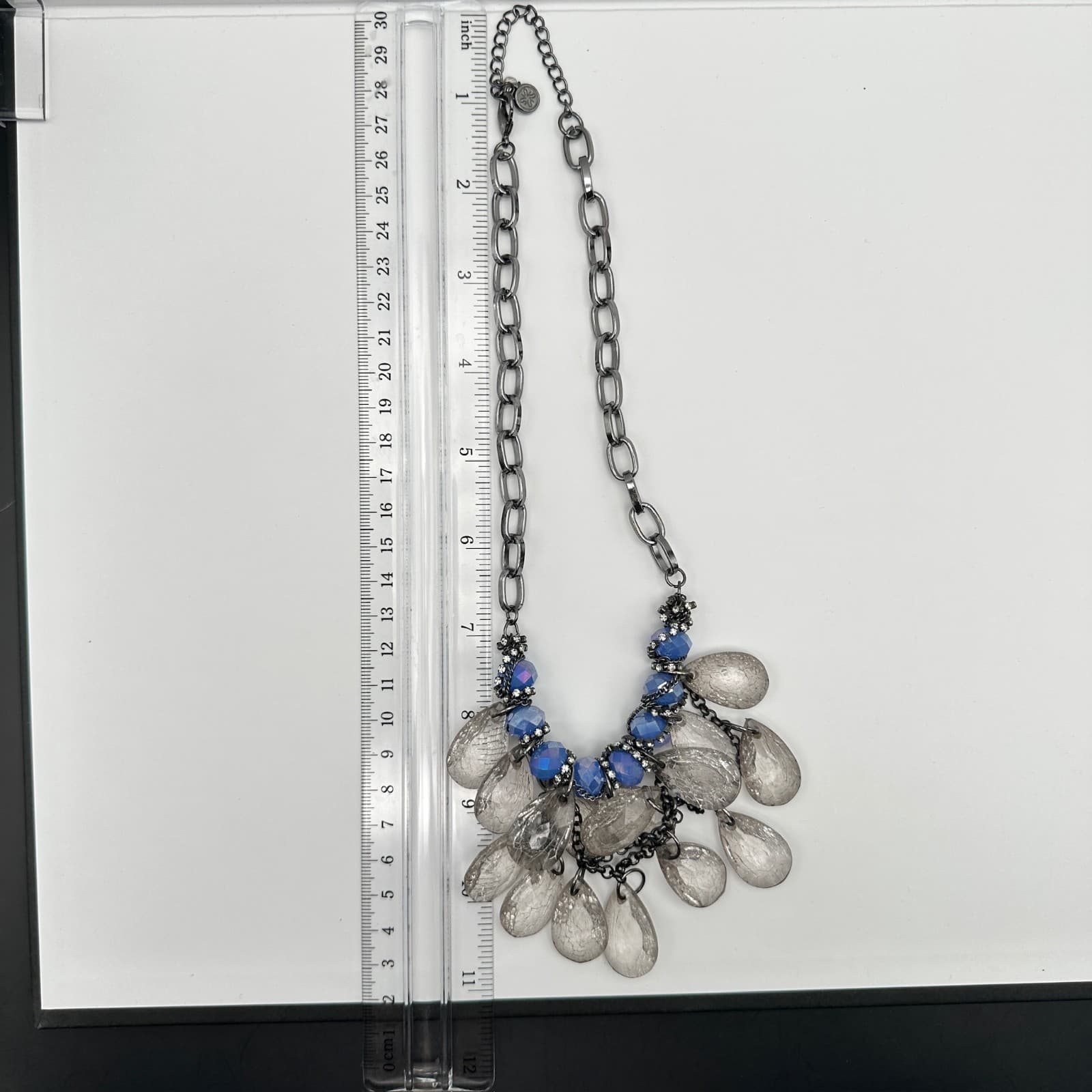 Vintage 90s Blue Iridescent Bead Statement Necklace Clear Acrylic Dangle Jewelry - Thumbnail 7