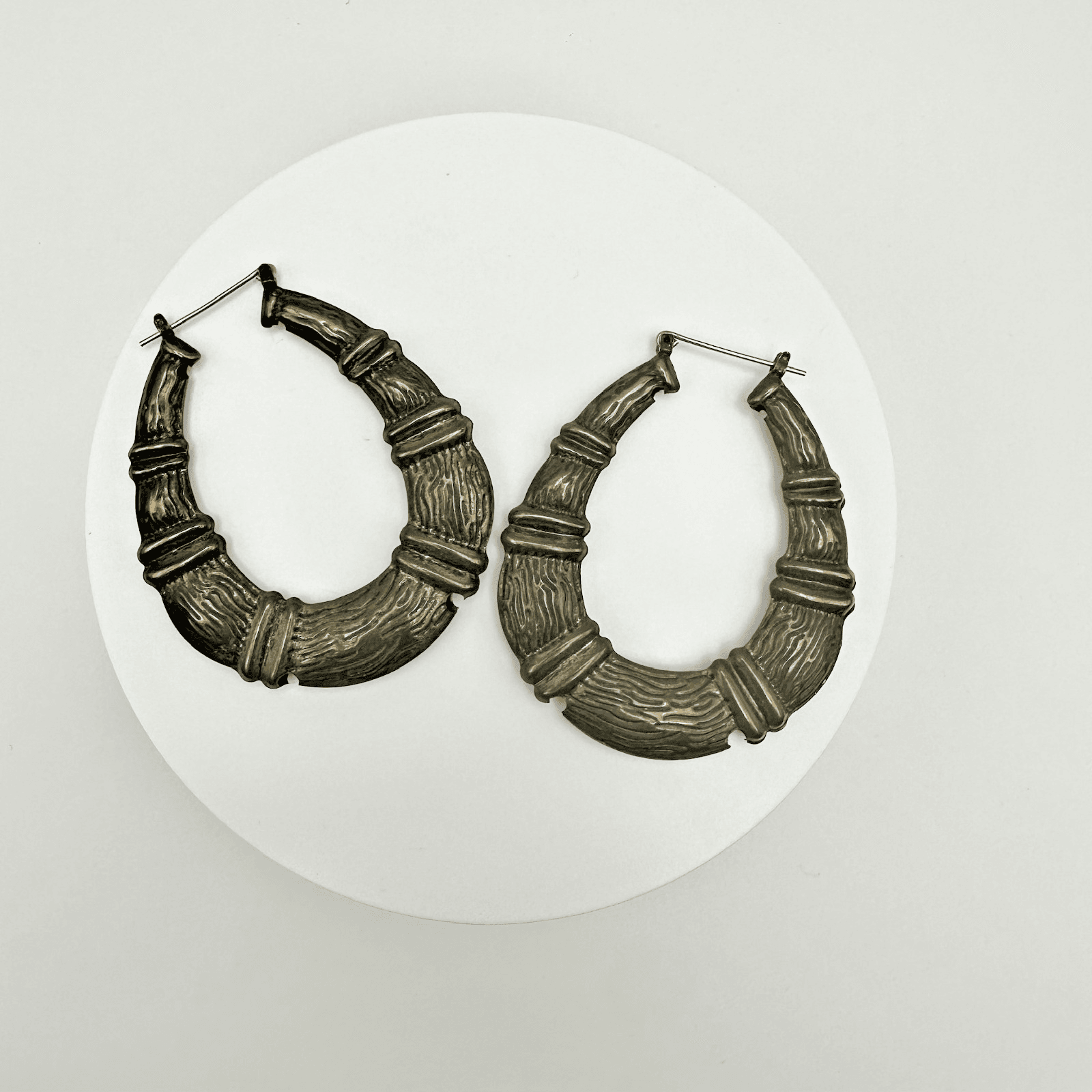 Vintage 80s Gold Tone Bamboo Style Textured Hoop Earrings Women's Jewelry - Image 1