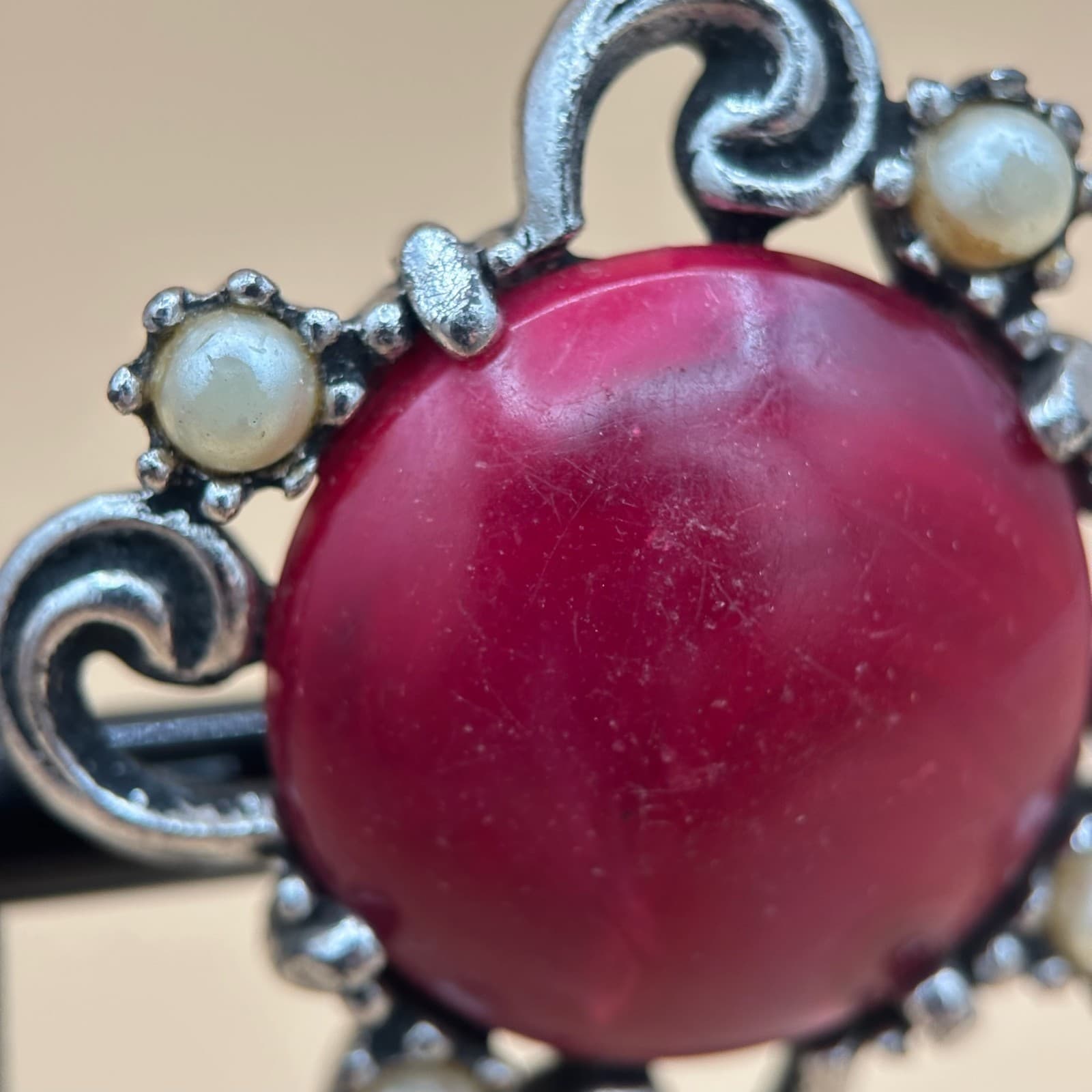 Vintage Maroon Cabochons Marbled Faux Pearls Silver-Tone Finish Earrings - Thumbnail 6