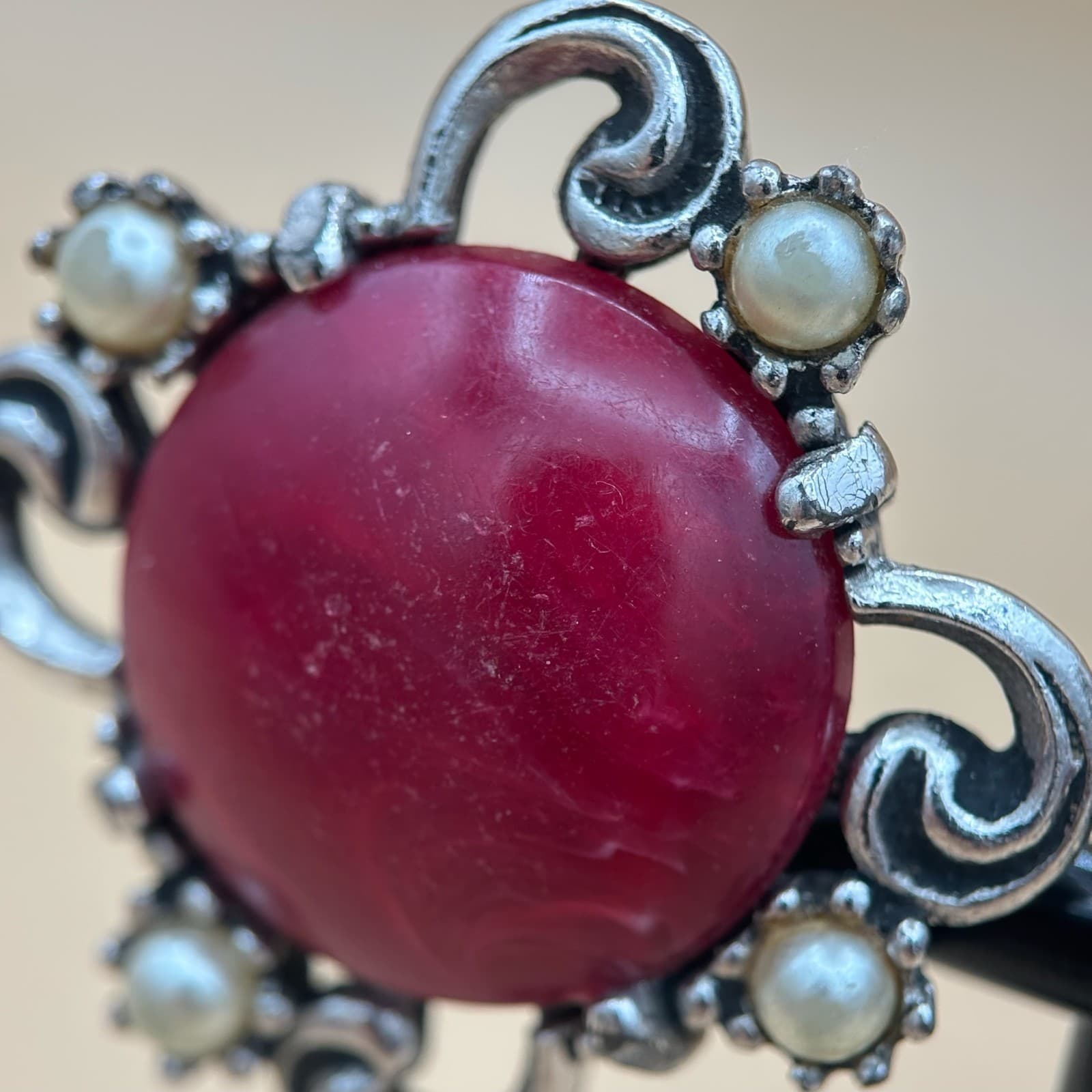 Vintage Maroon Cabochons Marbled Faux Pearls Silver-Tone Finish Earrings - Thumbnail 5