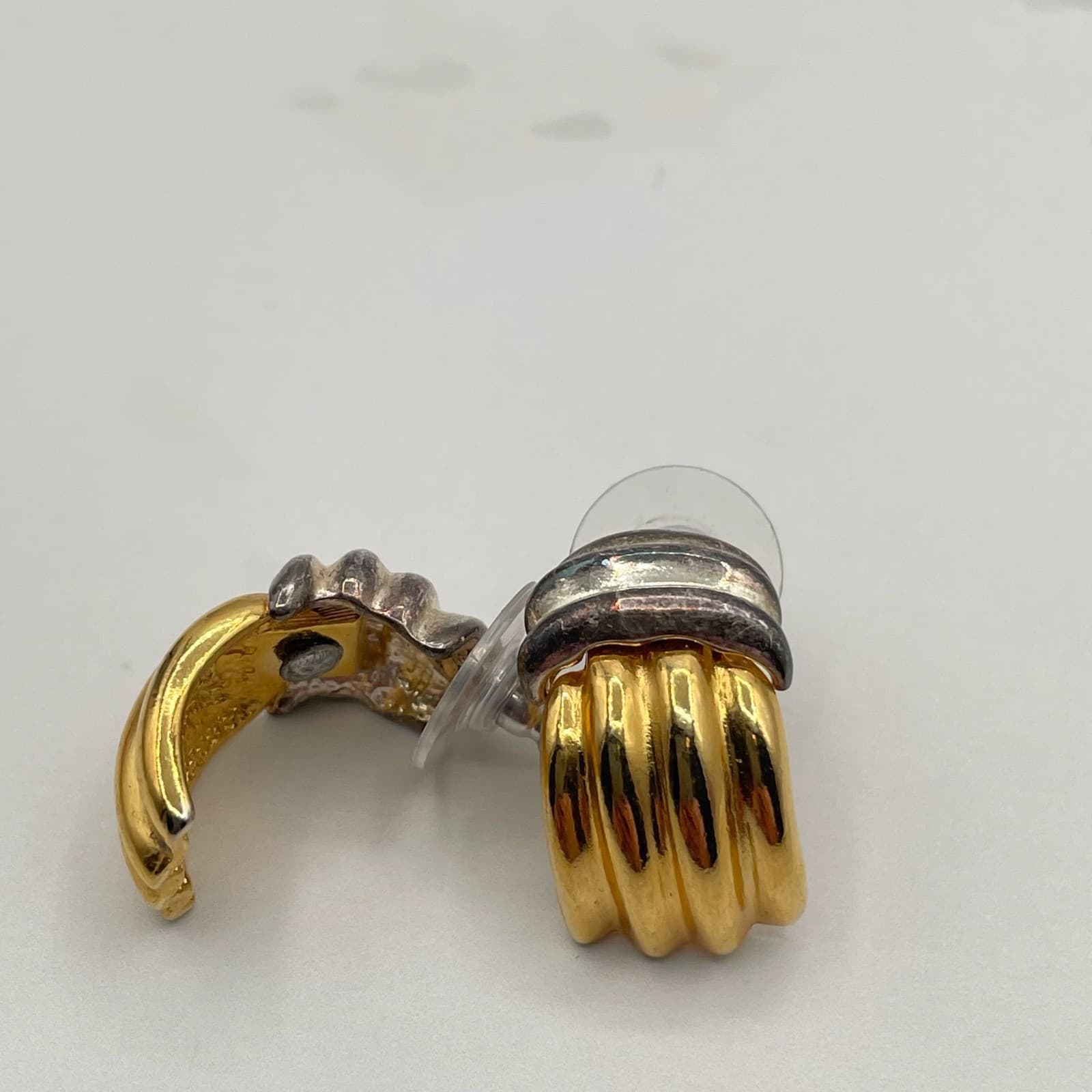 Vintage Two-Tone Ribbed Clip-On Earrings Gold & Silver Tone Chunky Hoop Style - Thumbnail 2