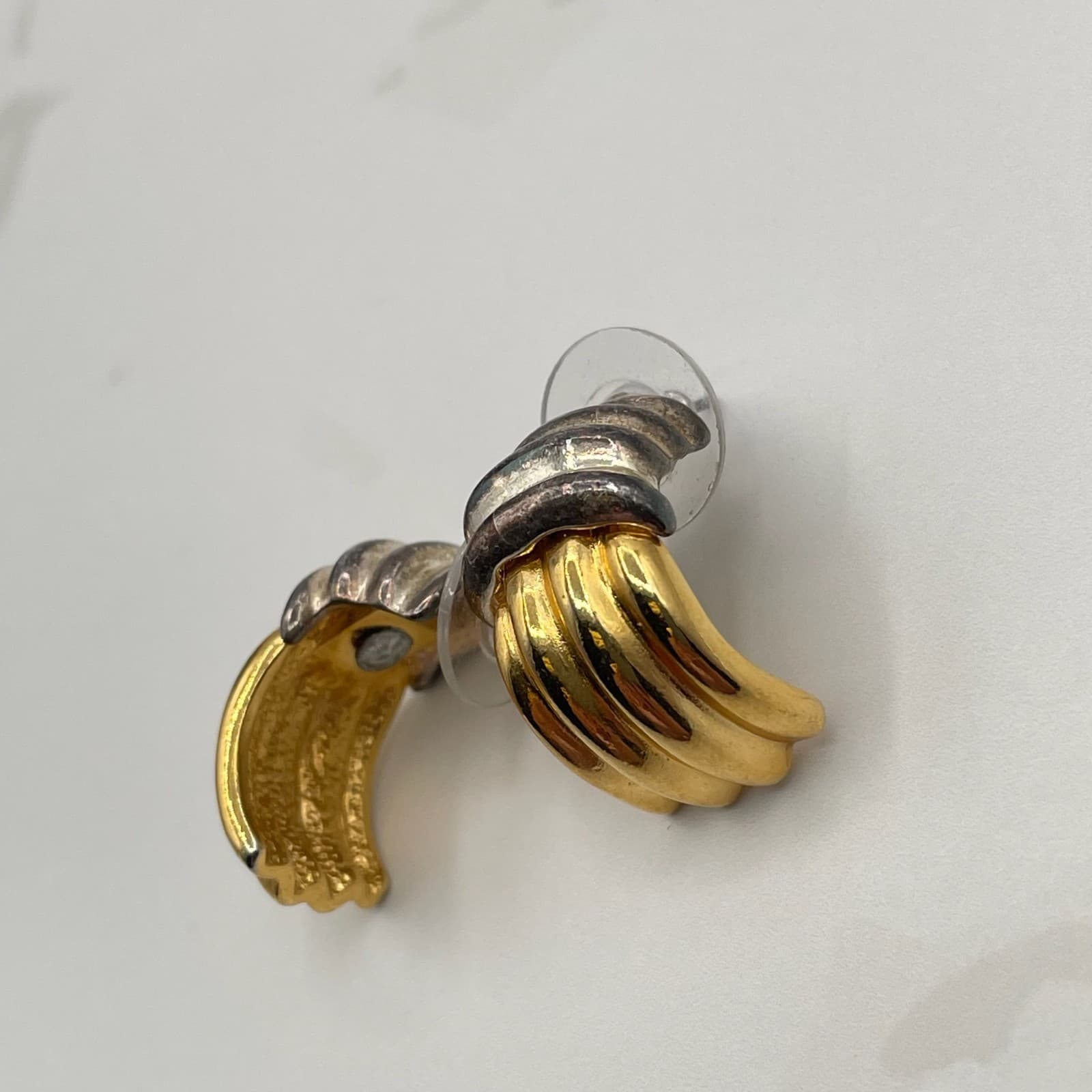 Vintage Two-Tone Ribbed Clip-On Earrings Gold & Silver Tone Chunky Hoop Style - Thumbnail 13