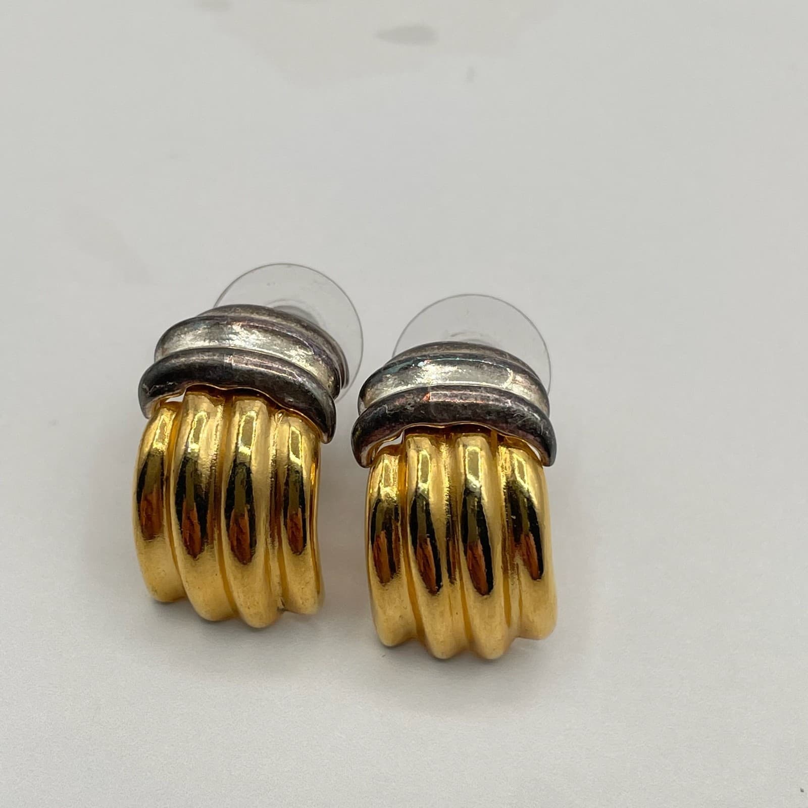 Vintage Two-Tone Ribbed Clip-On Earrings Gold & Silver Tone Chunky Hoop Style - Thumbnail 12