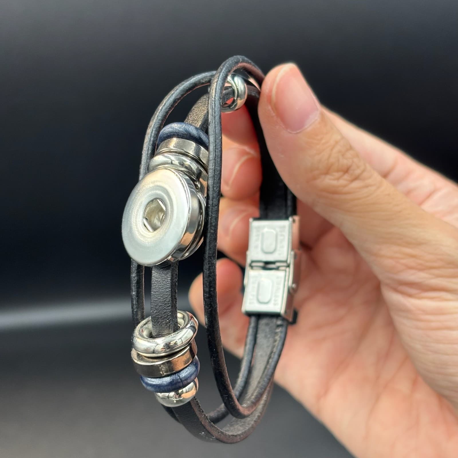 Vintage Multilayer Black Leather Strap Interchangeable Charm Bracelet - 7 1/2" - Thumbnail 6