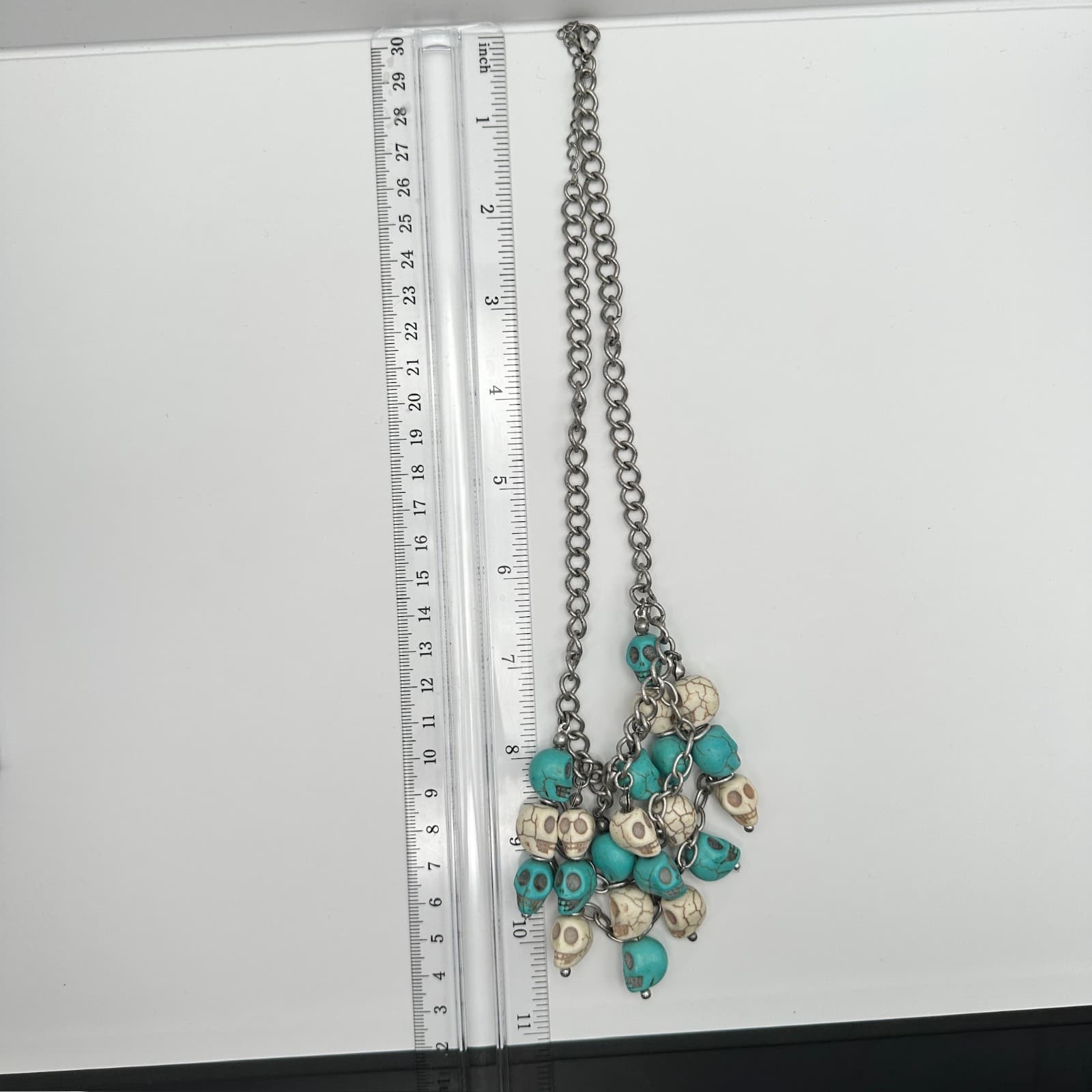 Vintage Skull Cluster Necklace Blue & Cream Bone Beaded Chunky Silver Tone Chain - Thumbnail 8