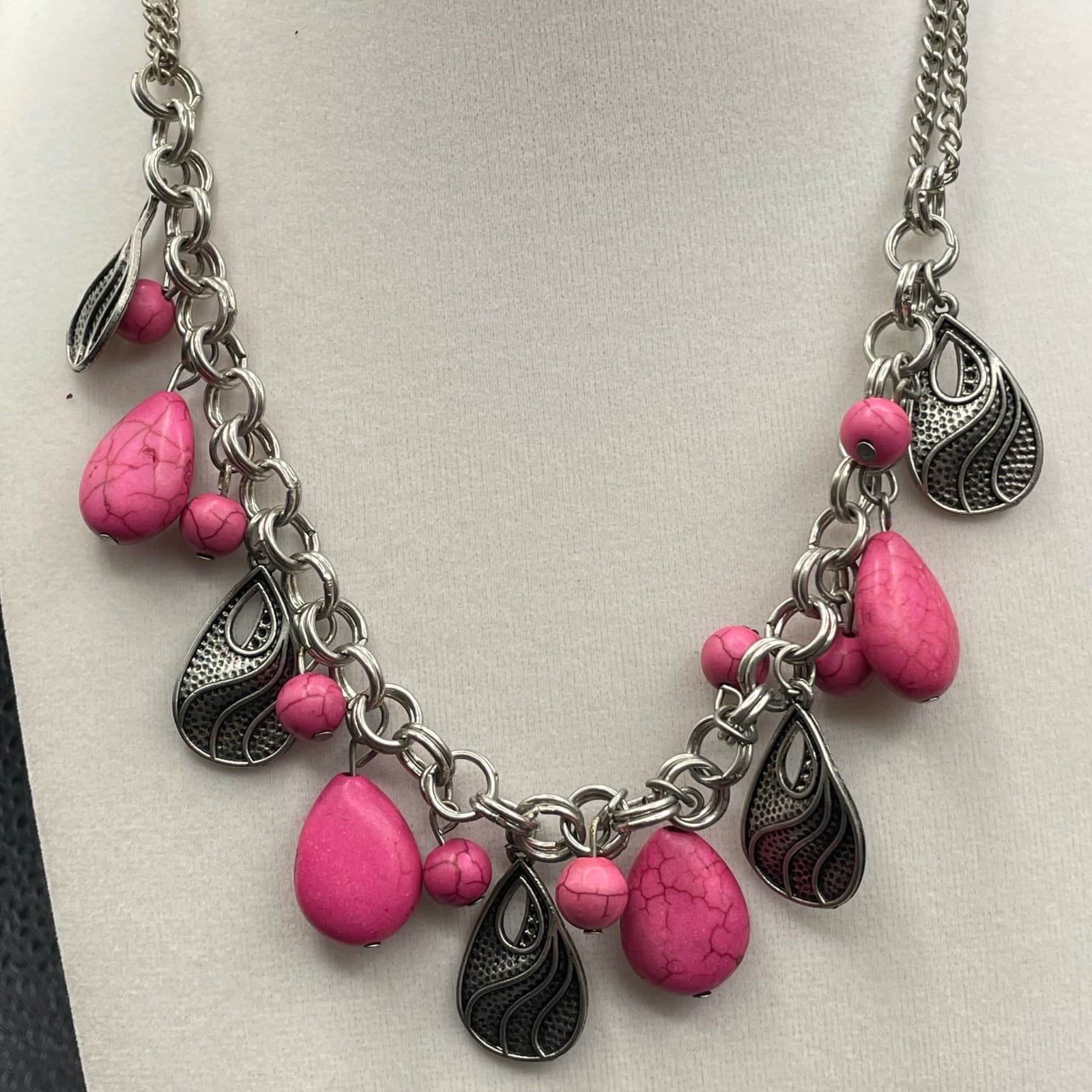 Vintage Teardrops Pink Stones Silver Dangles Adjustable Circle Links Necklace - Thumbnail 8